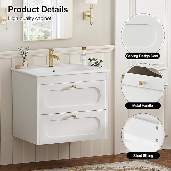 Under Sink Bathroom Cabinet,Bathroom Vanity Units with Basin,Wall Hung Vanity Unit with Wash Basin Ceramic Sink, 2 Drawer Cloakroom Under Sink Storage Cabinet,Wall Mounted 600 mm