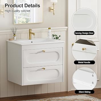 Under Sink Bathroom Cabinet,Bathroom Vanity Units with Basin,Wall Hung Vanity Unit with Wash Basin Ceramic Sink, 2 Drawer Cloakroom Under Sink Storage Cabinet,Wall Mounted 600 mm