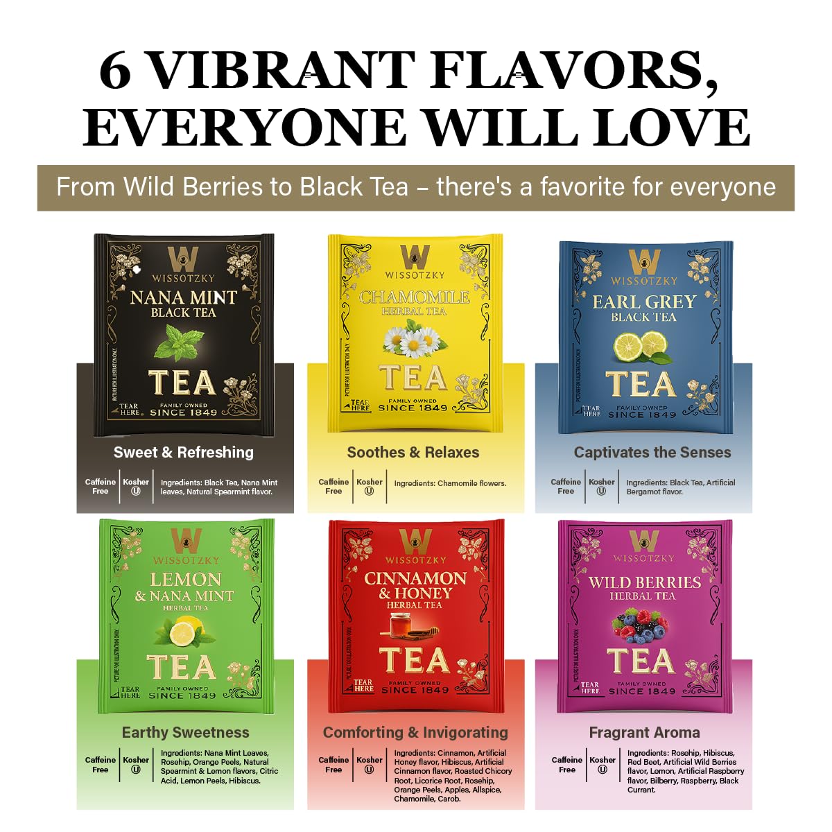 Wissotzky Artisanal Tea Chest Box, Assorted Flavors of Black & Herbal Tea Bags (42 Tea Bags) 6 Flavors | Tea Sampler Variety Pack | Tea Gift Set | Individually Wrapped | Corporate & Holiday Gifts | Certified Kosher
