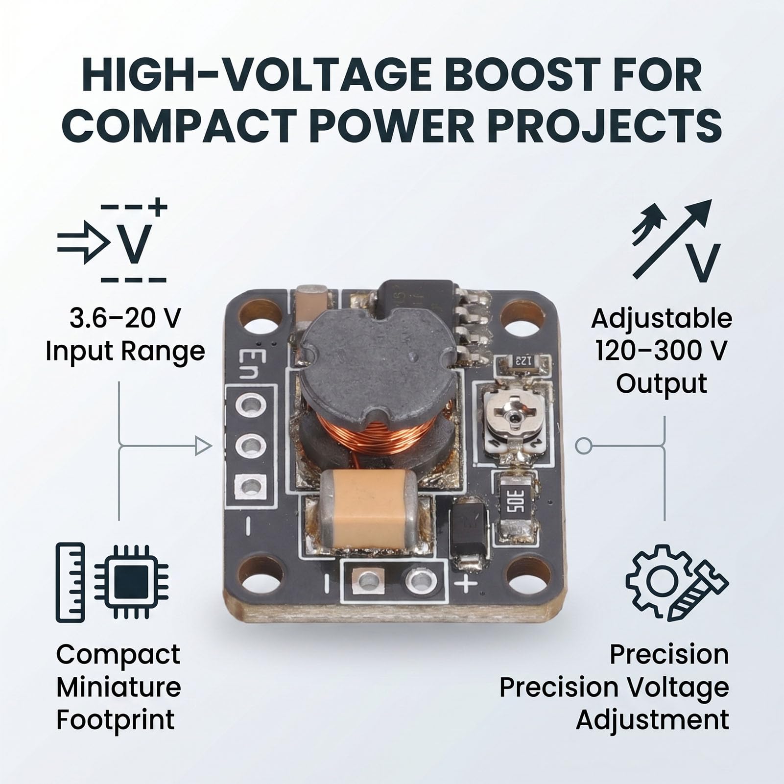 Fafeicy Convertitore di Tensione Step-up, Modulo Boost CC da Ingresso 3,6-20 V a Uscita 120-300 V, Compatto con Pin di Abilitazione per Progetti Nixie Tube e HV