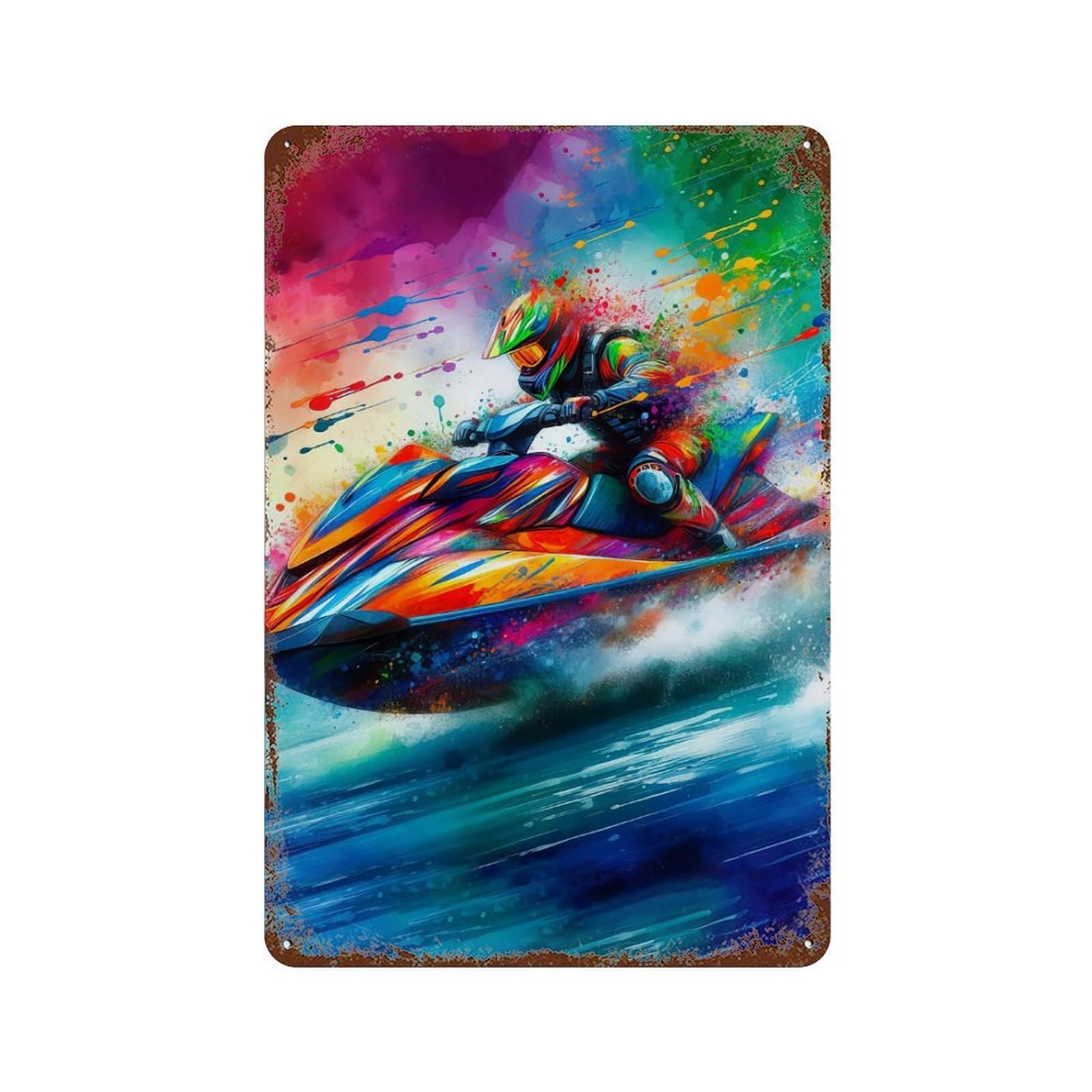 Rust Effect Jet Ski Watercolor Art Rusty Metal Tin Sign 11.8"x7.9", Industrial Home Decor for Living Room, Hallway And Home Decor