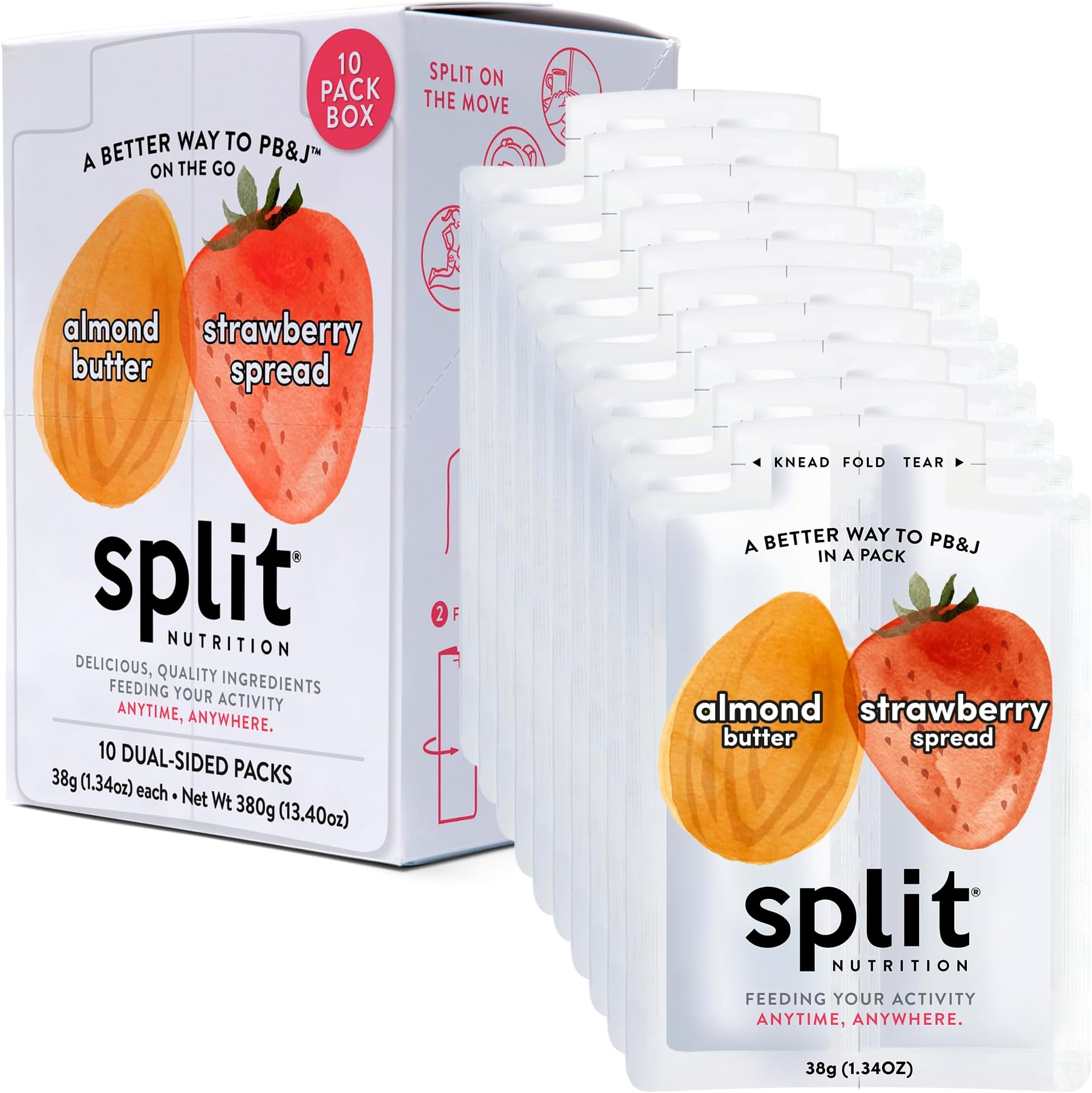 Split Nutrition Almond Butter and Strawberry Jelly Squeeze Packs - Non-GMO, Gluten Free Snack Pouch - On The Go Snack Made with Real Food - Zero Artificial Preservatives or Sweeteners (10 Pack)