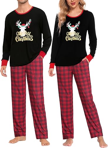Miniatura 7 de SWOMOG Conjunto de pijama de Navidad a juego conjunto de pijama de manga larga con estampado de Navidad para hombres y mujeres pantalones a cuadros