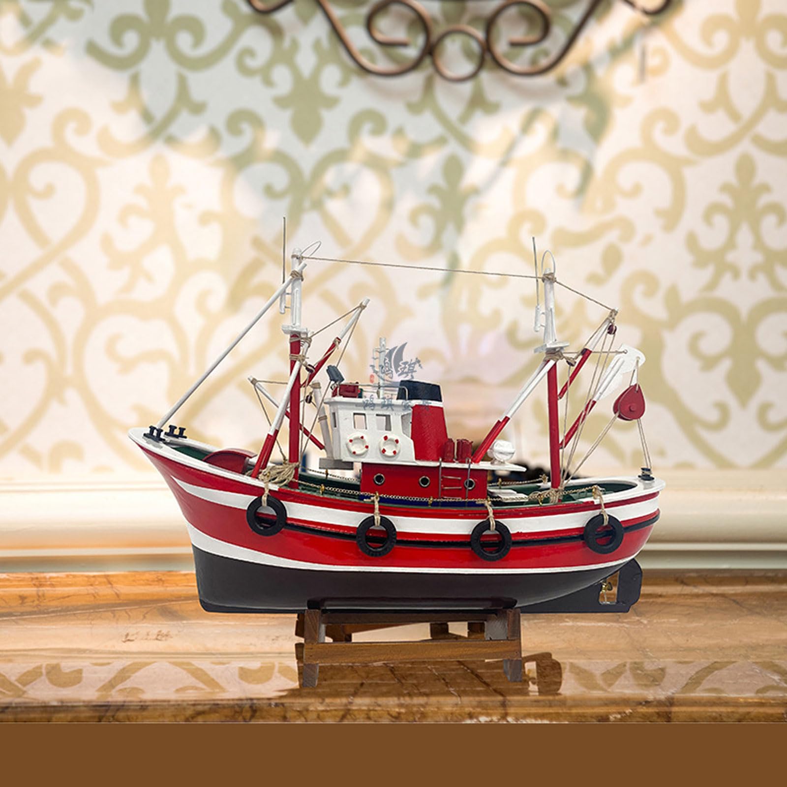 YLME Adorno De Barco Pesquero Modelo Terminado De Barco Pesquero Simulado Modelo De Barco Pesquero Americano De Madera Hecho A Mano para Oficina, Sala De Estar, Hogar, Regalo De Recuerdo,Rojo