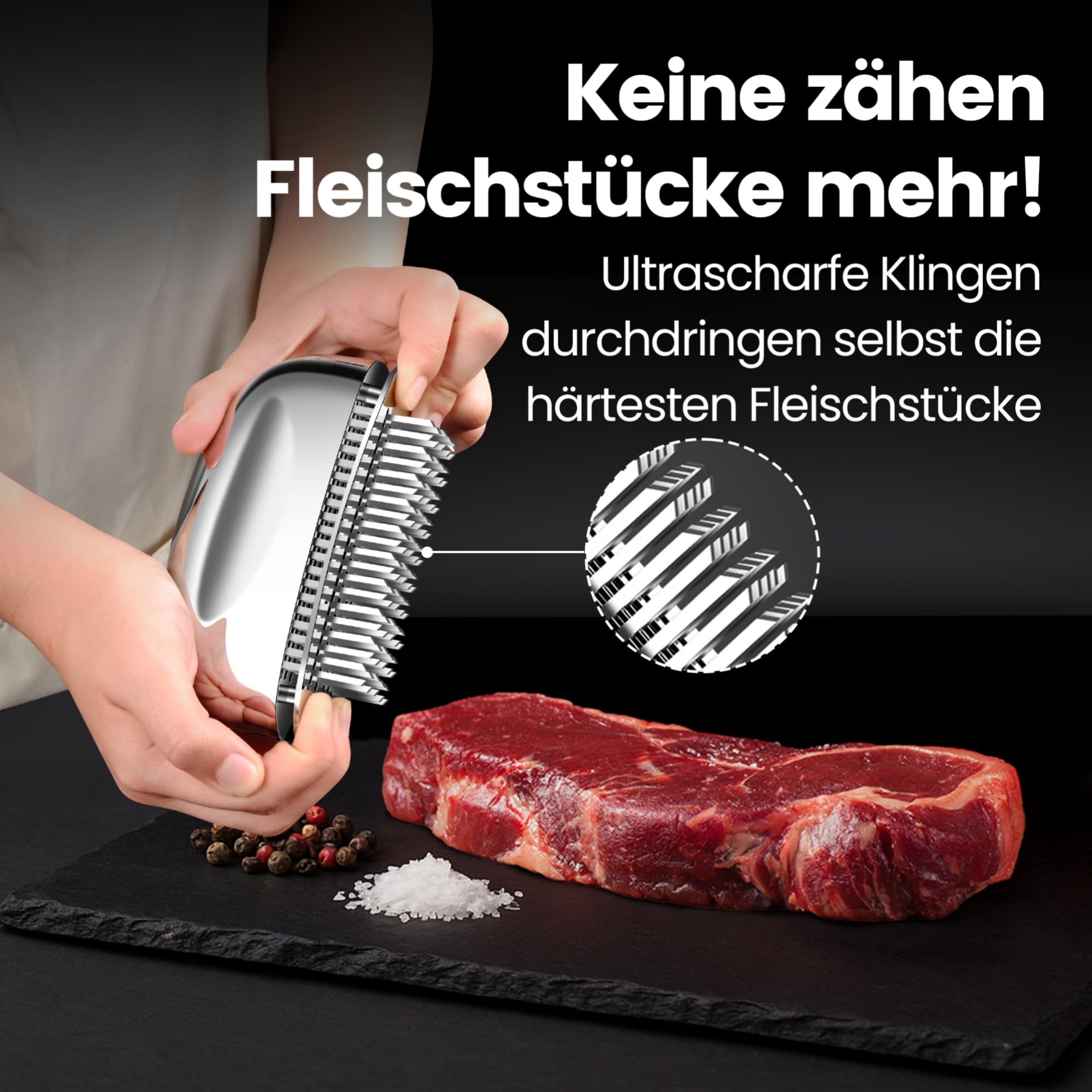 Gourmet Easy Fleischzartmacher mit ultrascharfen Klingen - Steaker Fleischzartmacher aus 100% Edelstahl - Meat Tenderizer zum zart machen von Rind/Huhn/Schwein/Kalb/Steak - spülmaschinenfest