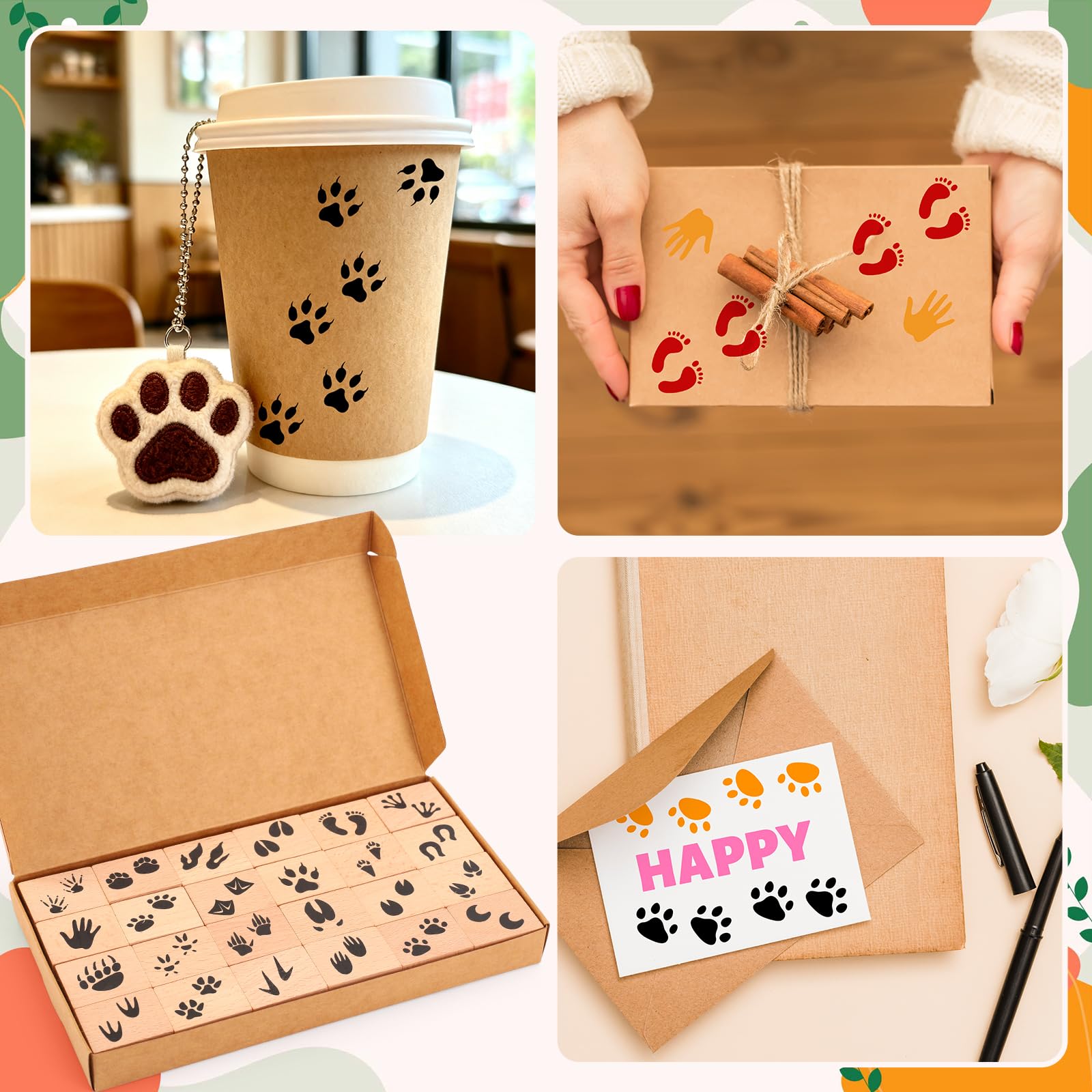 Whaline 29 sellos de goma de madera con huellas de animales con almohadillas de tinta para manualidades, huellas de animales de dibujos animados, sellos de manualidades para decoración de fiestas