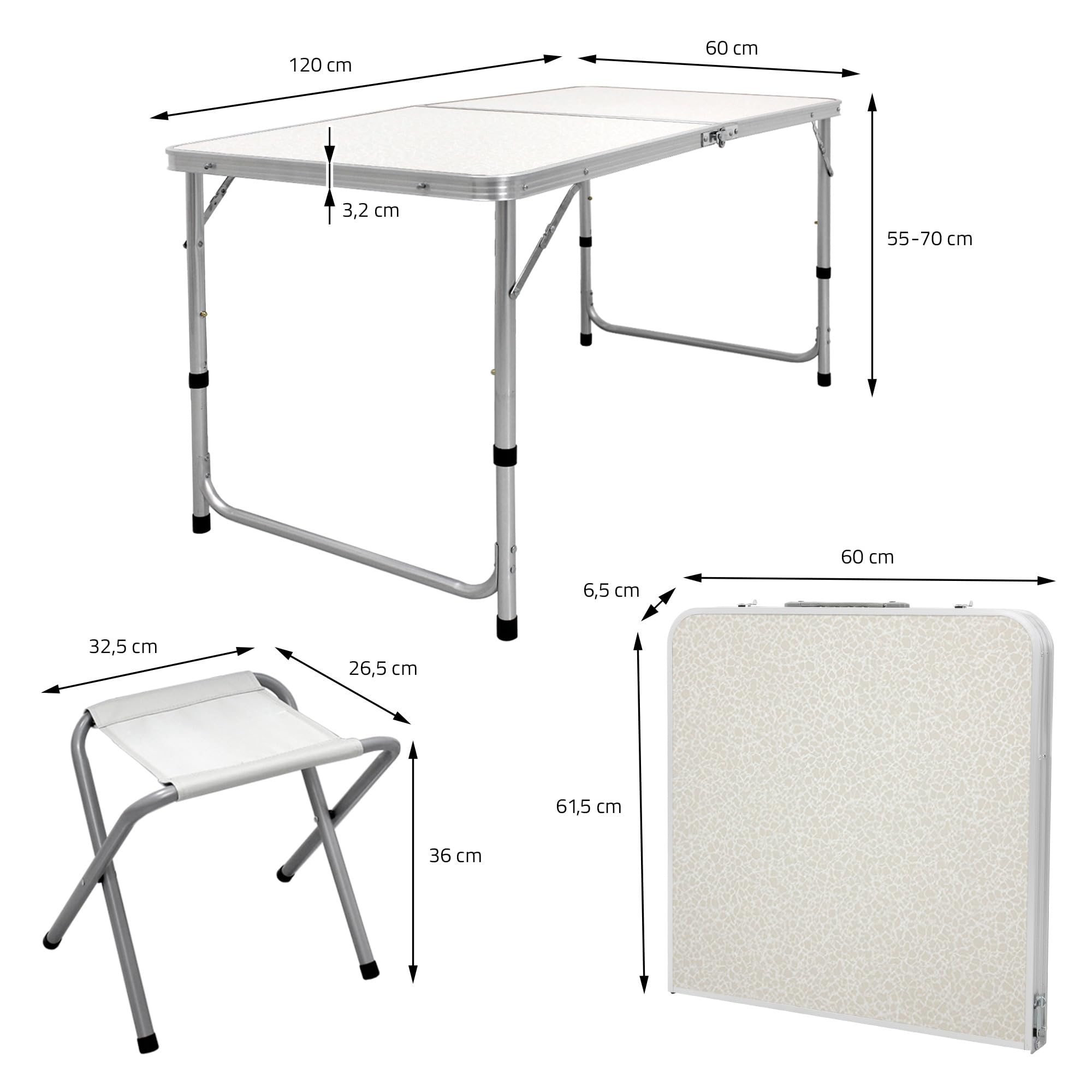 thumbnail: ECD Germany Kampeertafel Set Met 4 Krukken – 120x60 Cm, Hoogte Verstelbaar (55/63/70 Cm) | Opvouwbaar Aluminium & MDF | Wit/Crème