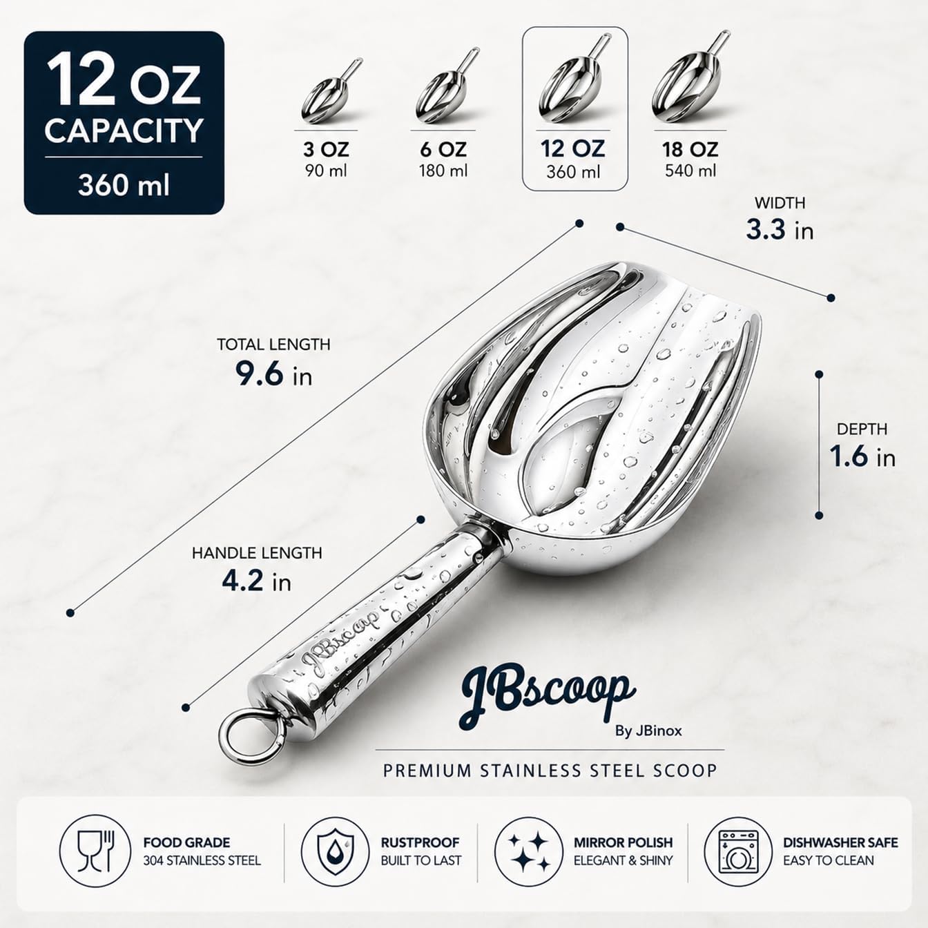 JBscoop Stainless Steel Scoop for ice, 9.6 Inch Metal Food Scoop Kitchen Bar Party Wedding Heavy Duty Dishwasher Safe - 8 Oz
