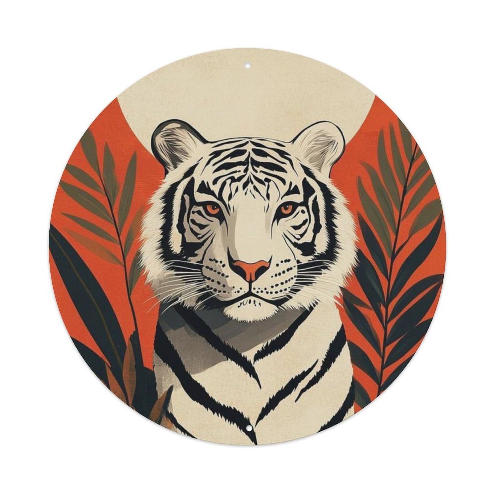 Animal White Bengal Tiger Jungle Tropical Foliage Vintage Metal Tin Sign Plaque Wall Decor for Cafe, Club Bar, Office, Garden Metal Poster 8x8Inch