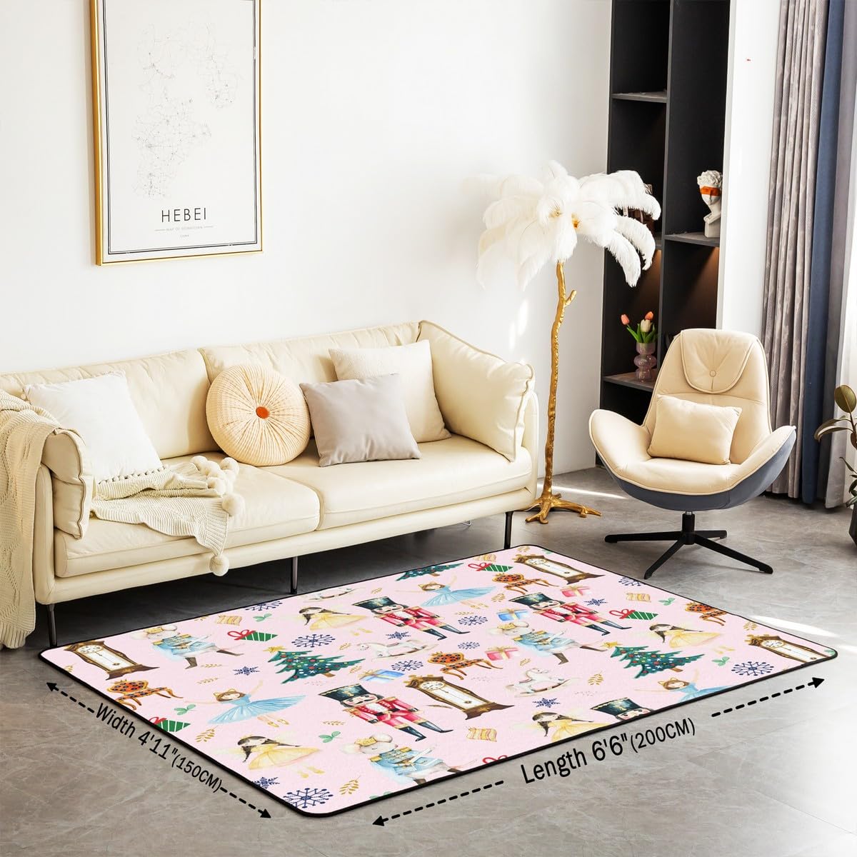 Homewish Różowy dywan bożonarodzeniowy 150 x 200 cm, dziecięcy dziadek do orzechów, karuzela żołnierz, mata podłogowa, balet, dziewczyna, choinka, dekoracyjny zmywalny dywan dla chłopca, dziewczynki