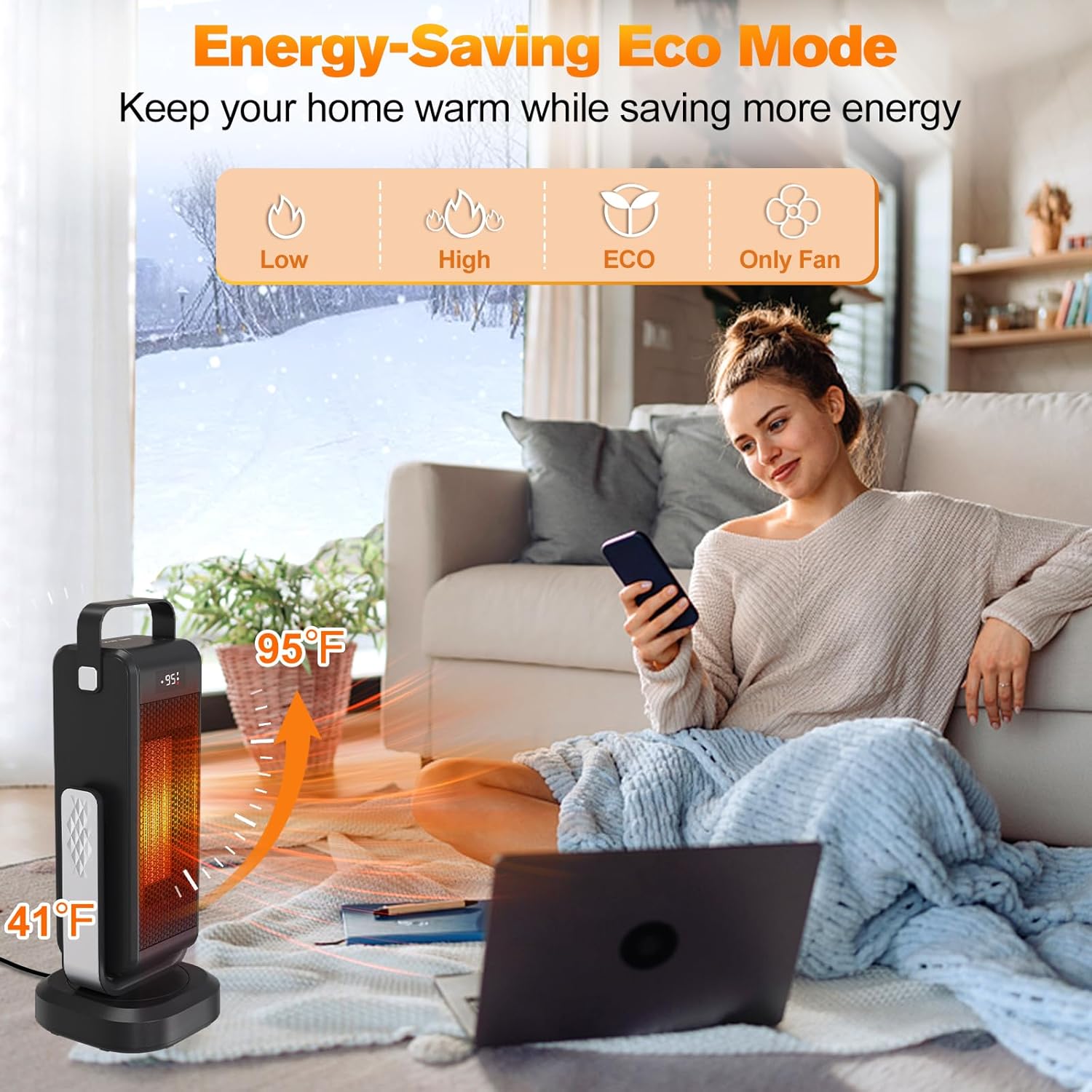 Space Heater for Indoor Use, Portable Heater 60° Up/Down Adjustment 70° Oscillat, 1500W PTC Electric Heater with Thermostat 12H Timer Remote Control, Over Heat& Tip-over Protection for Bedroom Office