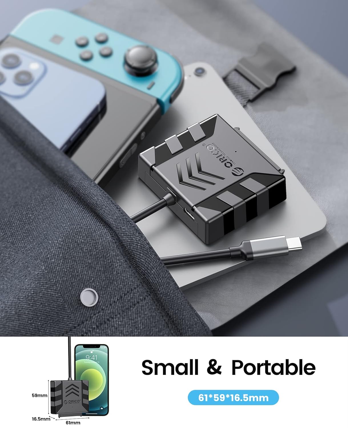 Small and portable ORICO hard drive enclosure next to a smartphone