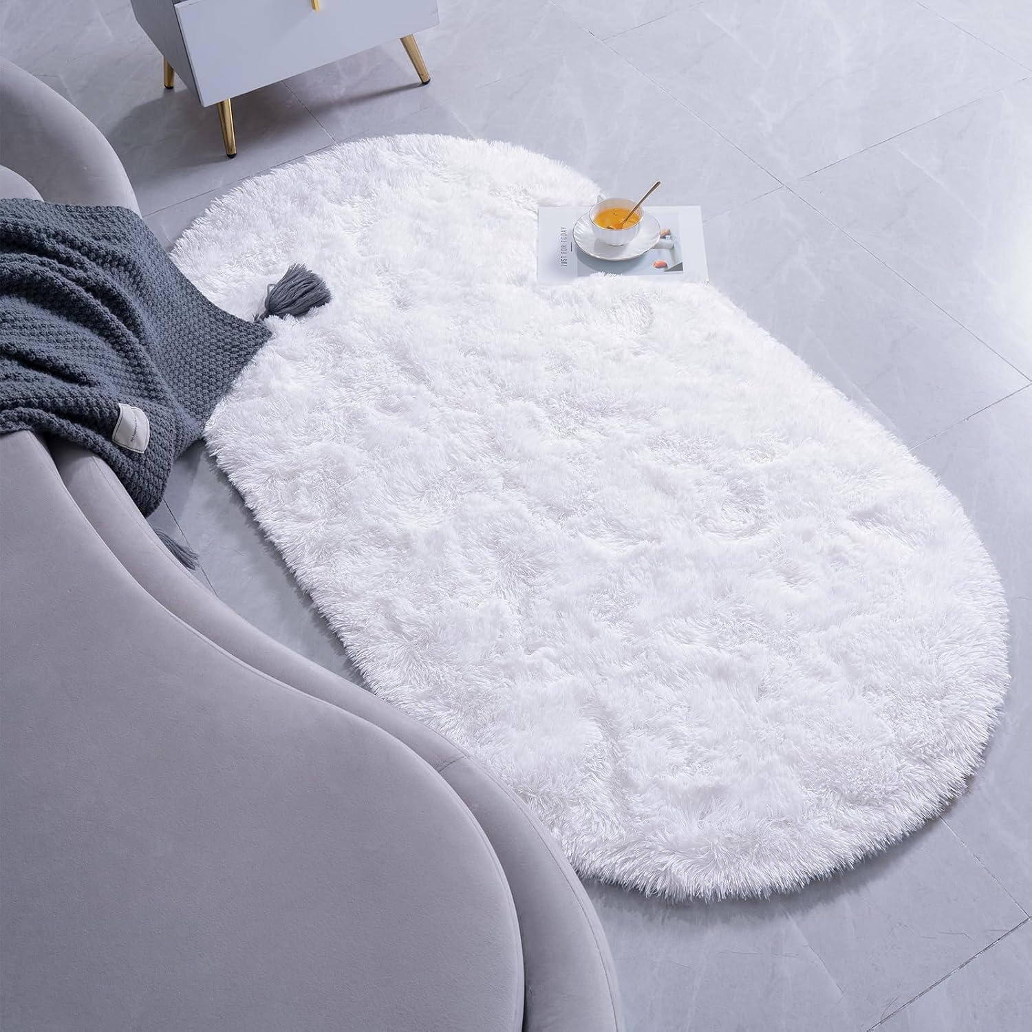 Goideal Fluffy Bedroom Rug, Small Oval Area Rugs, White Shag Bedside Carpet for Kids Room Nursery Dorm Cute Fuzzy Indoor Decor for Boy and Girl, 2.6 x 5.3 Feet