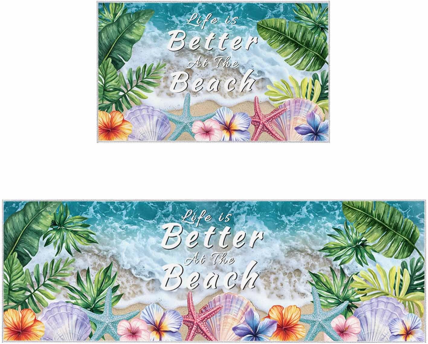 2 Pieces Kitchen Rugs and Mats,Summer Beach Life Starfish Shell Flower Area Runner Rug Set Non Slip Floor Doormat Washable Carpet Standing Mat for Kitchen Sink Indoor Corridor,Ocean Tropical Plants