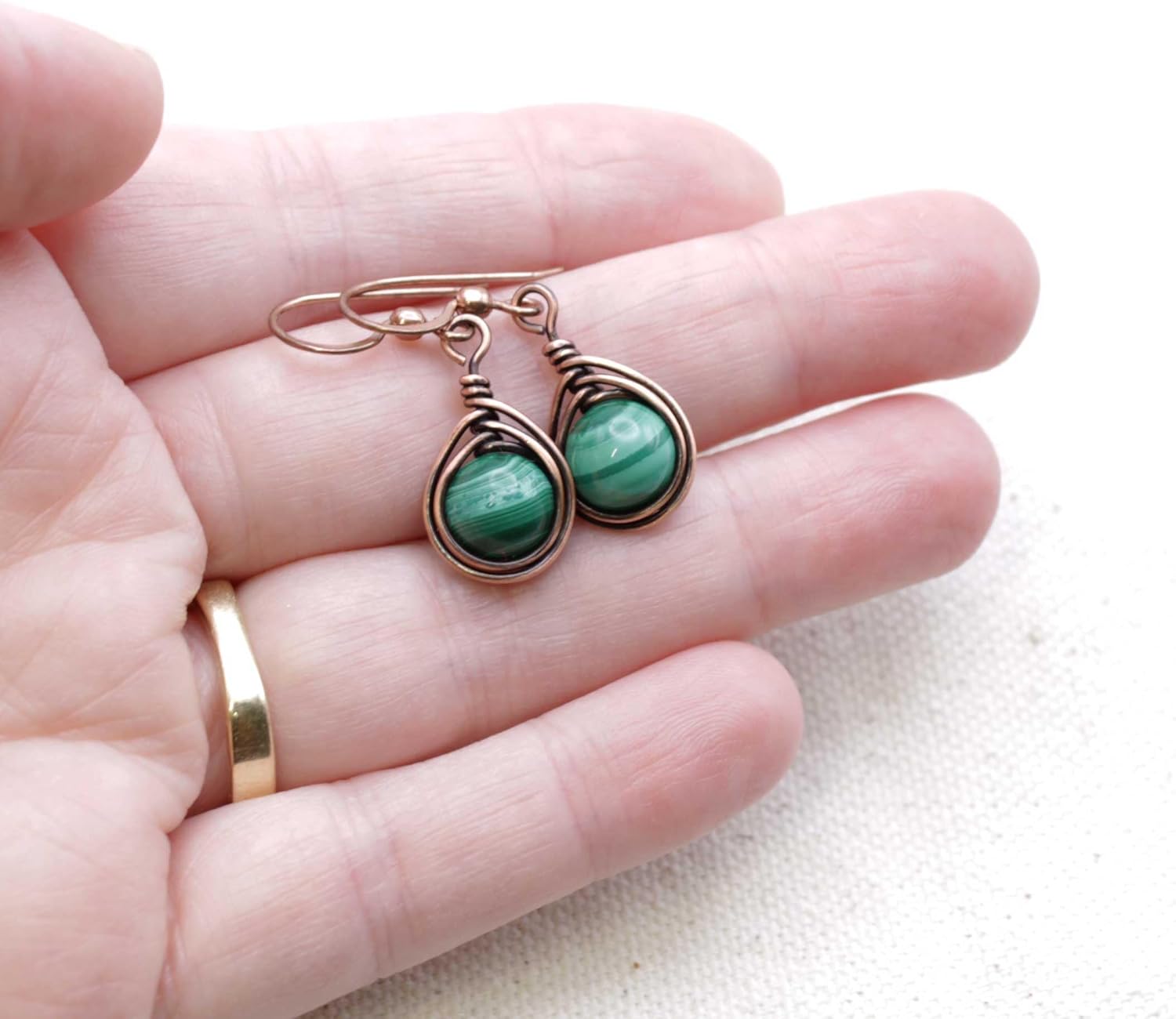 Pillar of Salt Studio Handcrafted Solid Copper Earrings with Genuine Malachite Gemstone (Antiqued Copper, 3/4" drop) - Image 3