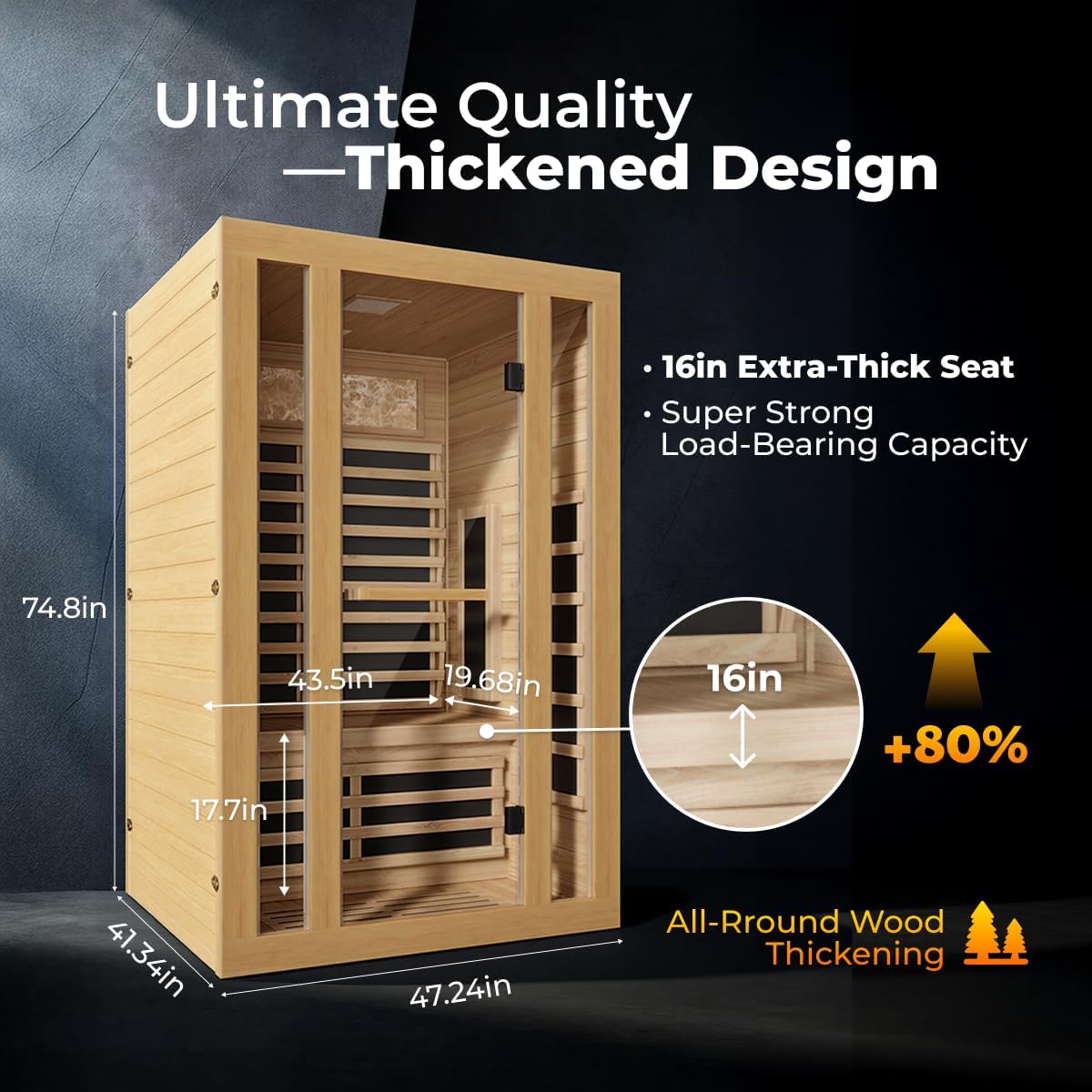 2 Person Far Infrared Sauna, Canadian Hemlock Thickened Wood, Extra-Thick Explosion-Proof Glass, 2000W Low EMF 110V with 7 Heaters, Chromotherapy Lights, Control Panel, Bluetooth Speaker, Natural Wood