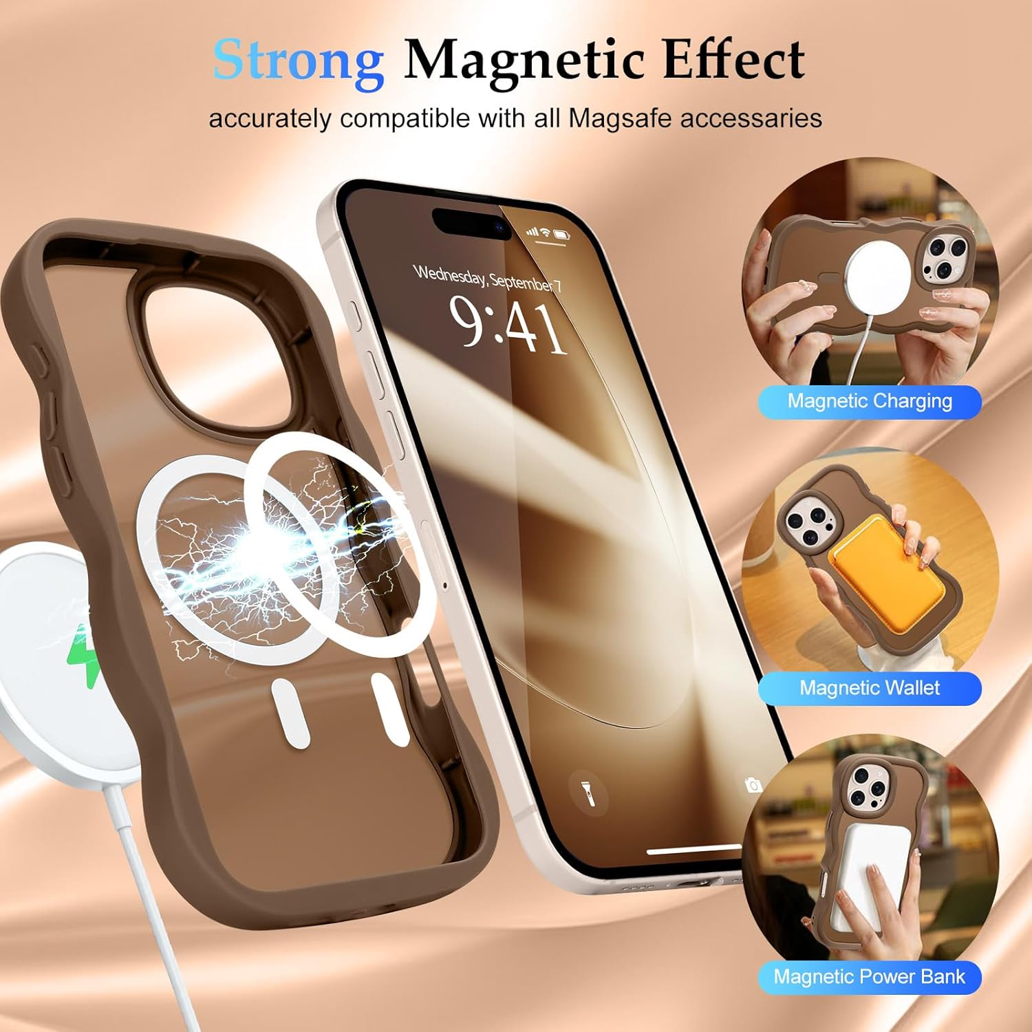 for iPhone 16 Pro Case, Curly Wavy Frame Hard Translucent Matte Clear Back Cover for Women Men Compatible with Magsafe Shockproof TPU Bumper Phone Case for iPhone 16 Pro, Desert Gold - Image 3