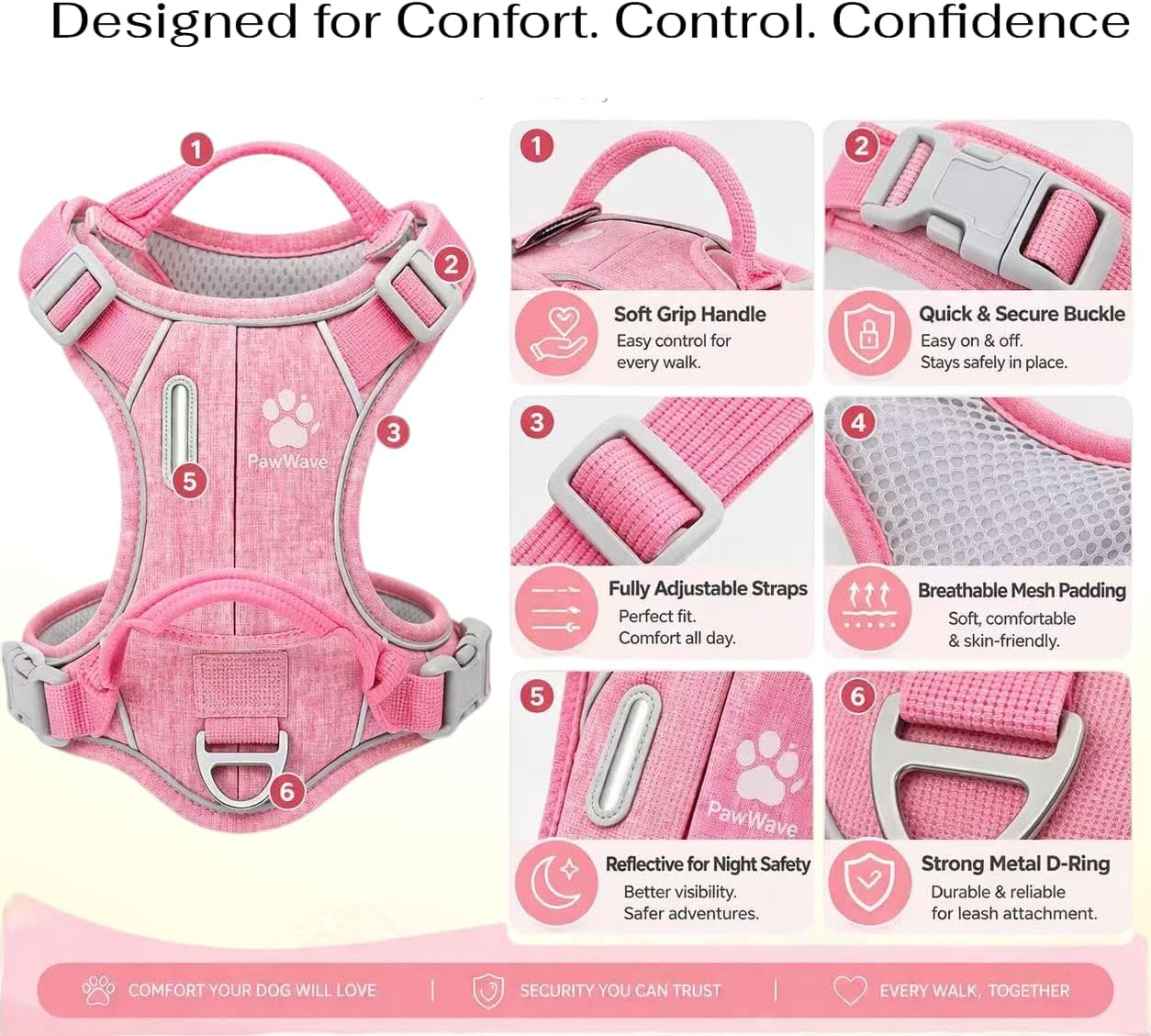 PawWave No Pull Dog Harness with Built-in Hidden AirTag & GPS Tracker Holder, Reflective Adjustable Escape-Proof Vest Harness for Small & Medium Dogs (Pink, S)