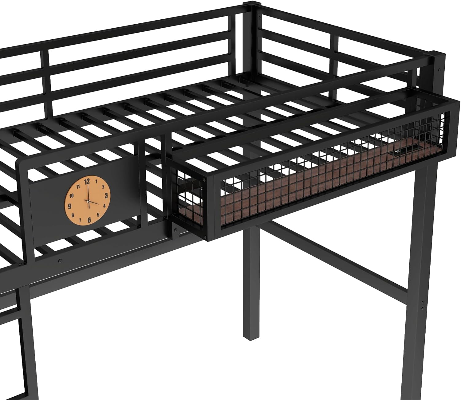 LUMISOL Metal Loft Bed with Desk and Storage Basket, Heavy Duty Loft Bedframe with Clock and Charging Port, Twin XL Size Loft Bed Frame for Adults, Black