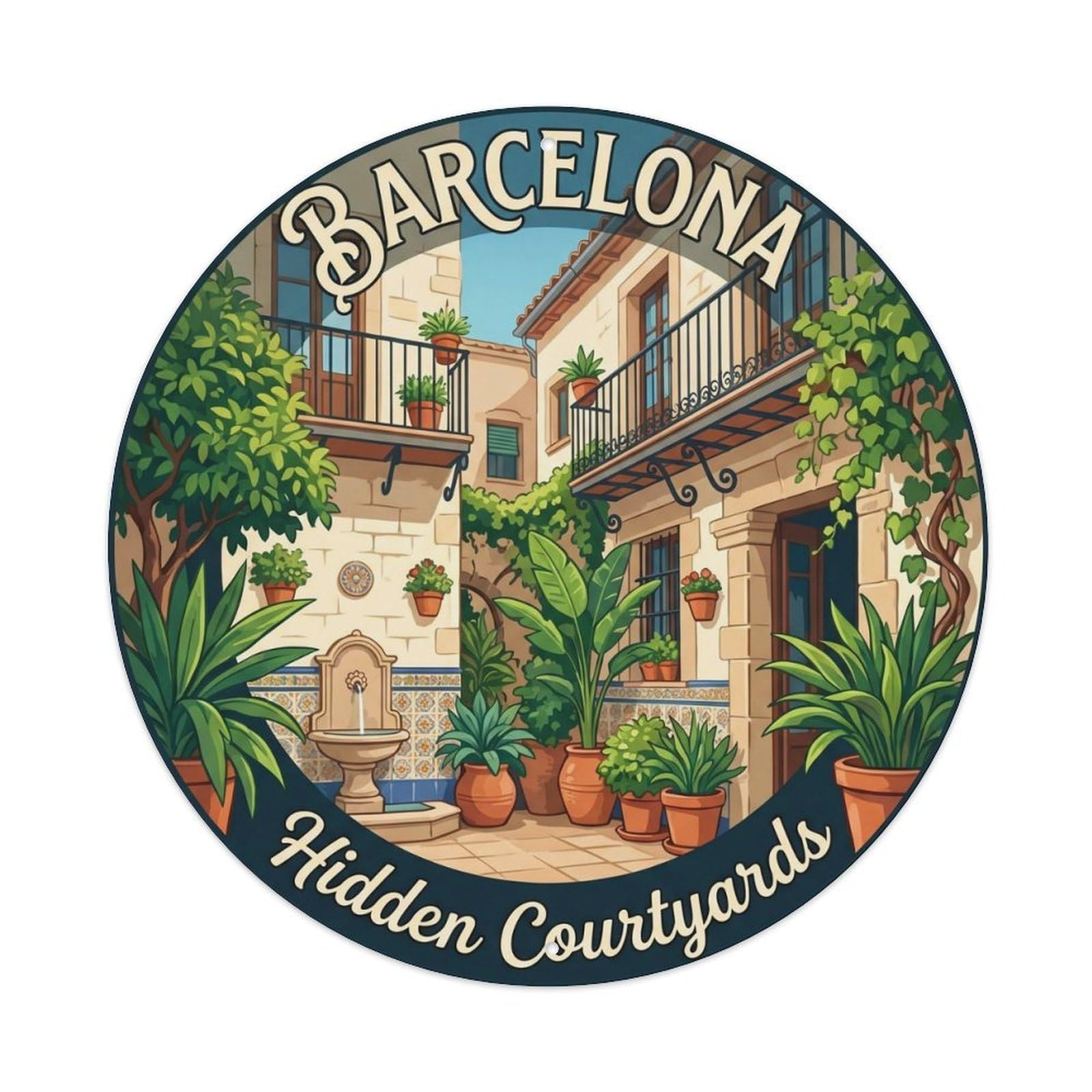 Retro Barcelona Catalan Courtyard Building Landmark Cityscape Metal Tin Sign Plaque Wall Decor for Cafe, Man Cave, Club Bar, Office, Home Garden Round Metal Poster 8x8Inch