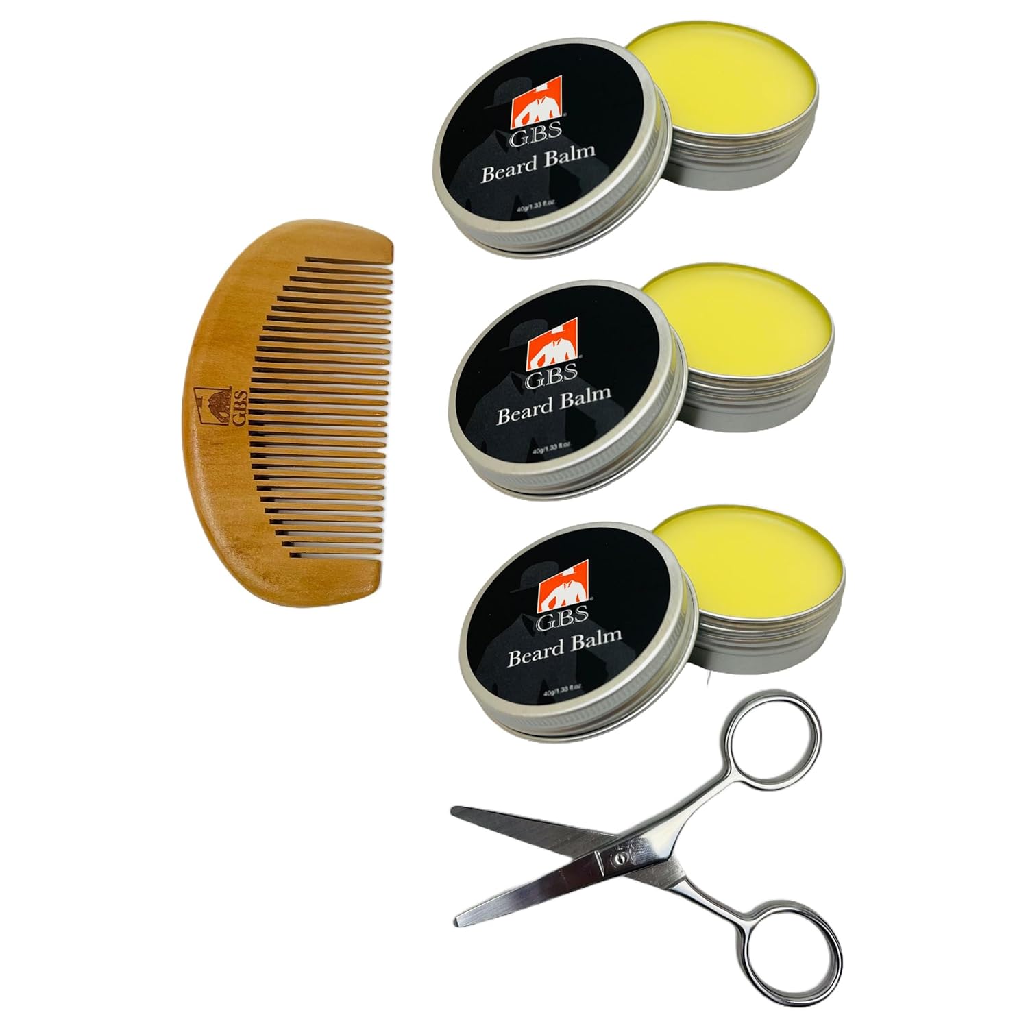 G.B.S Beard Conditioning Balm with Light Citrus Scent, Wooden Beard Comb, and Stainless Steel Trimming Scissors – Travel Sized Styling Beard Kit for Men (Pack of 3)