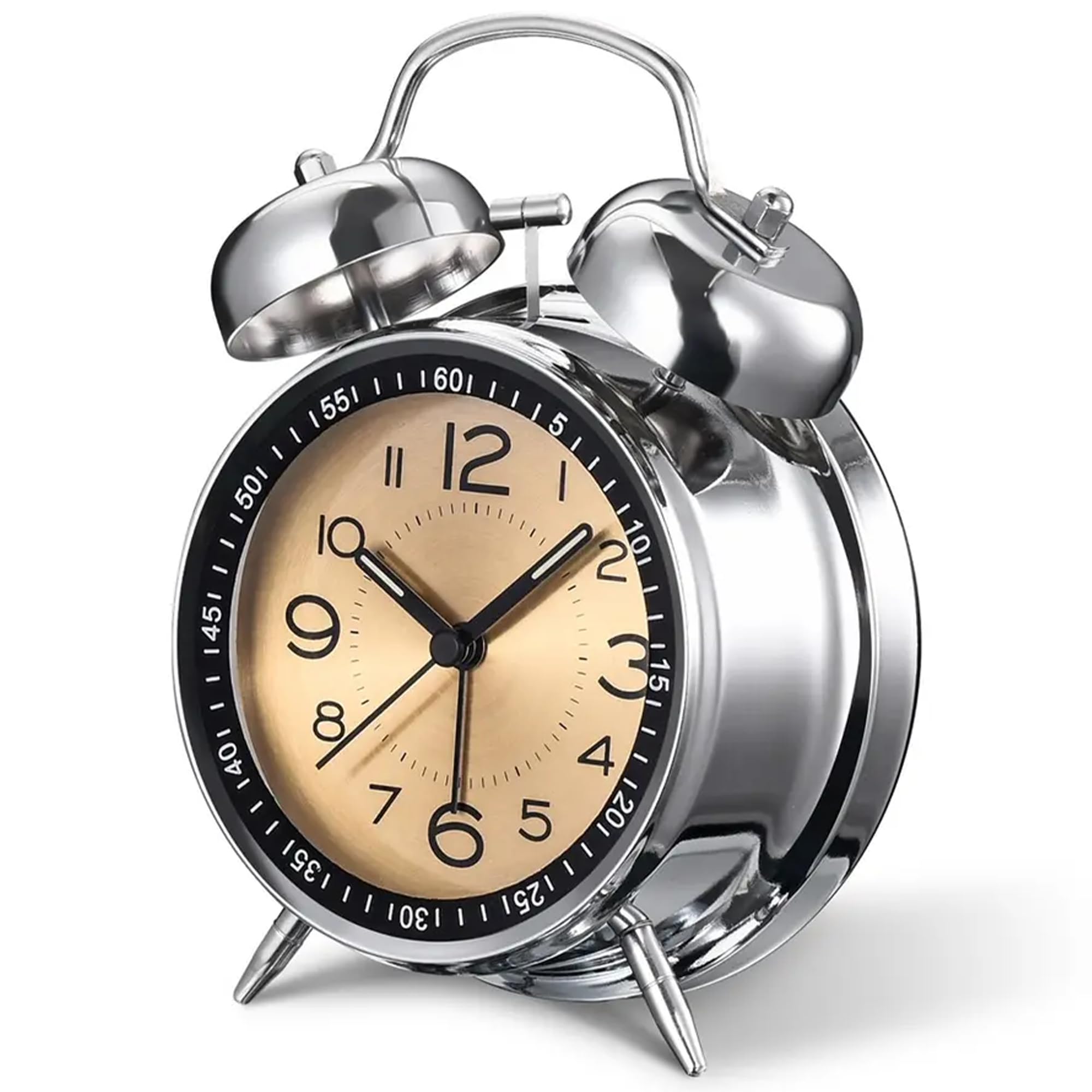 A5 Silent Non-Ticking Bedside Alarm Clock, 4" Metal Structure, Retro Vintage Design with Twin Bell, Perfect for Heavy Sleepers, Elderly and Bedrooms. Analogue Quartz and Battery Operated. (GOLD DIAL)