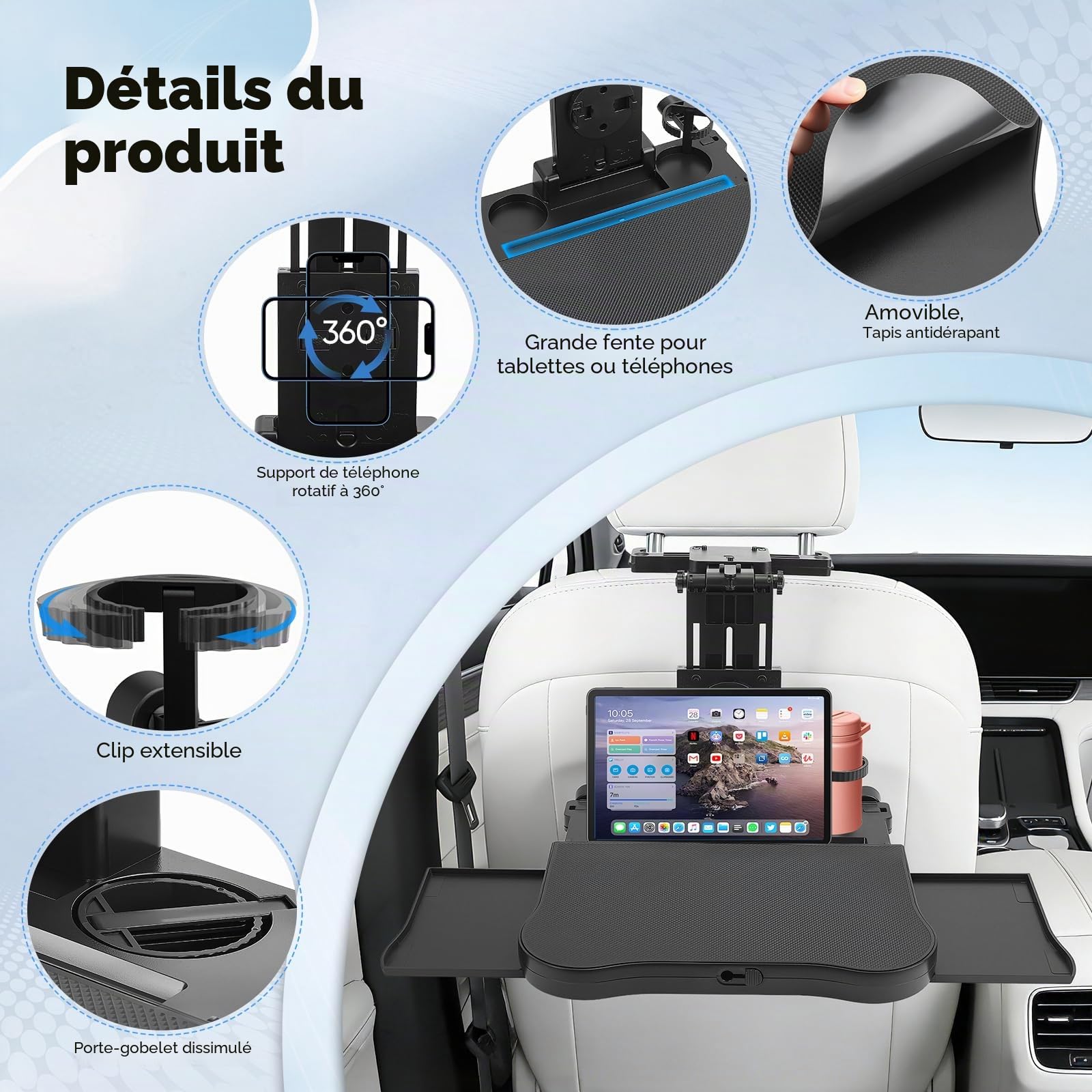 Table de Voiture pour siège arrière Passager, Bureau avec Porte-gobelet et Support de téléphone Portable, Table de Salle à Manger Multifonction pour Les trajets en Voiture, pour Travailler, écrire