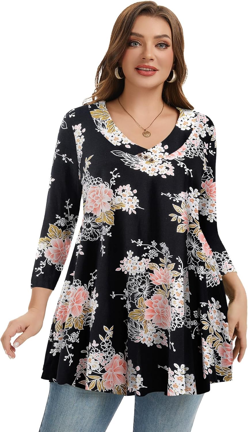 LARACE Plus Size Tunic Women's 3/4 Sleeve Tops And Blouses V Neck Shirts Loose Basic Tee - Image 4