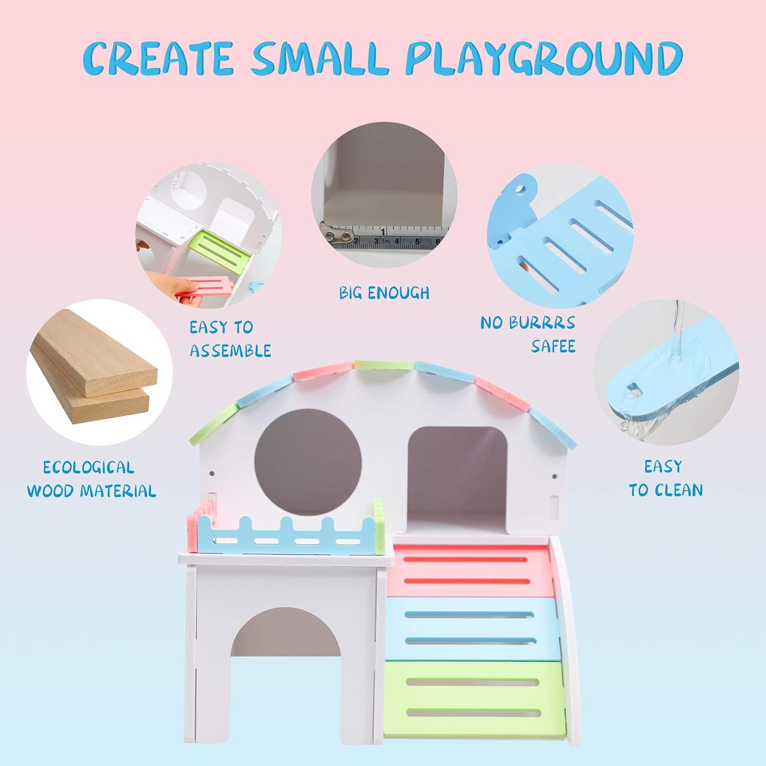 Syrian Hamster Toys Set, Improved Version 8.7 IN Large Hamster House, Wooden Gerbil Hideout, Small Animals Seesaw - Image 4