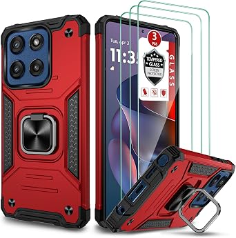 Case for Moto G Stylus 5G 2025, for Moto G Stylus 2025 Case with 3 Pcs Tempered Glass Screen Protector, Built in Magnetic Ring Kickstand Military-Grade Hard PC TPU Hybrid Shockproof Aromr Cover - Red