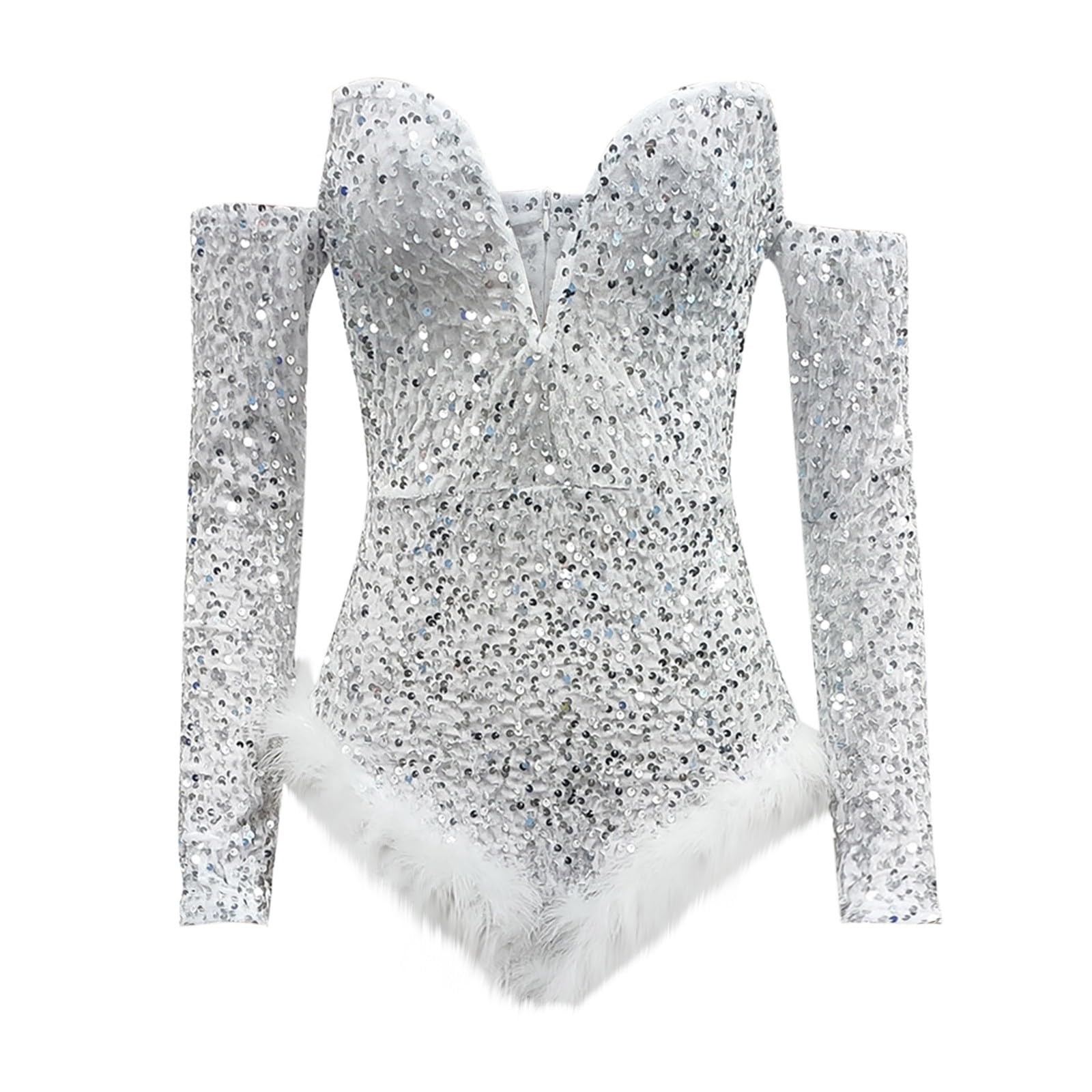 Body da donna con chiusura lampo, senza spalline, paillettes, velluto, a maniche lunghe, sexy, body da donna, nero