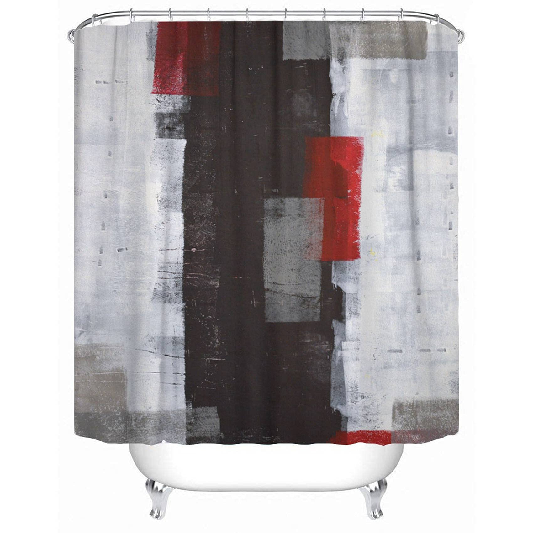 Emvency Fabric Shower Curtain Curtains with Hooks Black Modern Red and Grey Abstract Painting White Wall Acrylic Contemporary Gallery Lines Squares Interior 72"X72" Waterproof Decorative Bathroom