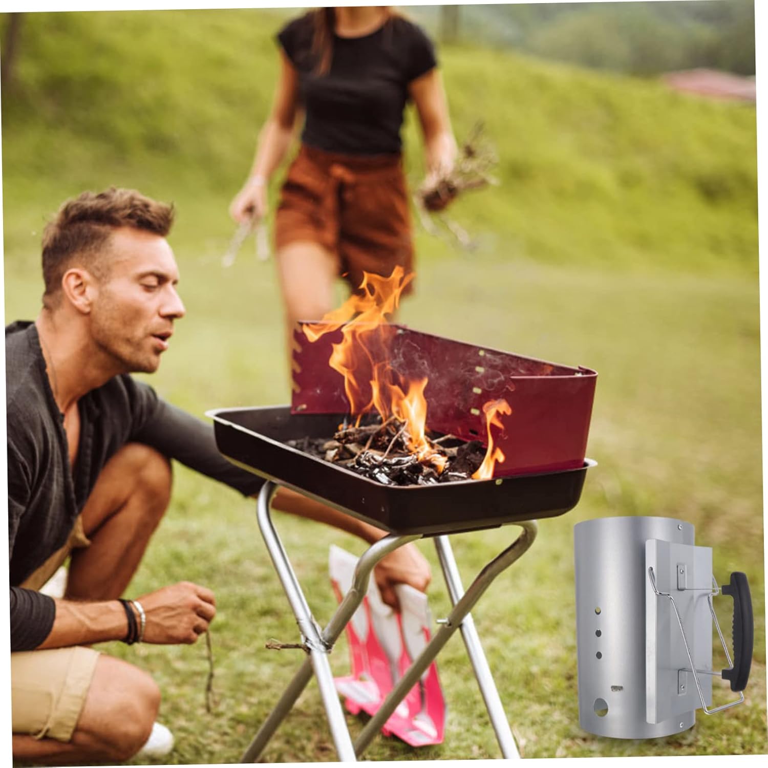 Charcoal Chimney Starter for Outdoor BBQ 19 Galvanized Ignition Barrel Nylon Handle Efficient Charcoal Igniter for Grilling