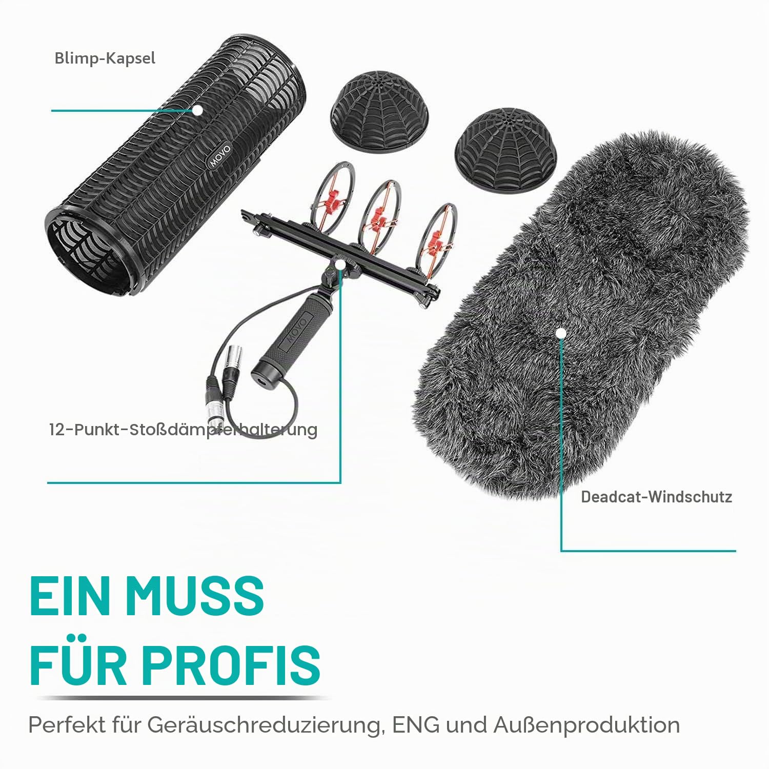 Movo BWS1000 Blimp Microphone Windshield Mount and Vibration Protection System for Shotgun Microphones - Has 12-Point Internal Shock Mount, Integrated XLR Cable, Deadcat Windscreen and Grip Handle
