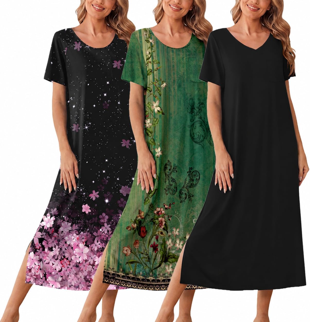 Ekouaer Long Nightgowns for Women 3 Pack Night Gown Short Sleeve House Dress V Neck Lounge Dress Plus Size Sleep Shirts
