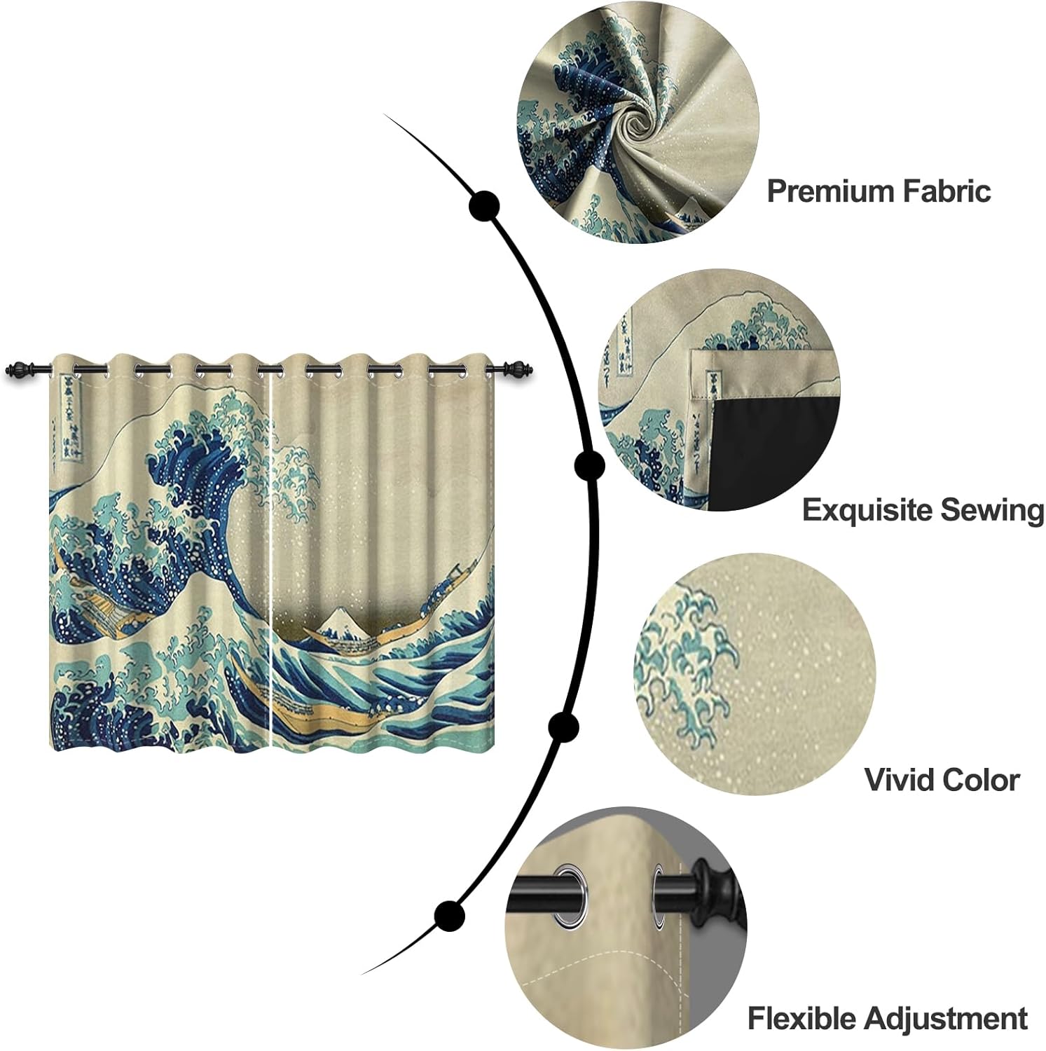 Japanese Ukiyoe Blackout Curtains Kanagawa Abstract Wave Japan Vintage Traditional Painting Curtain for Living Room Bedroom Home Decoration Window Drapes Fabric Set of 2 Panels, 52x84 Inch