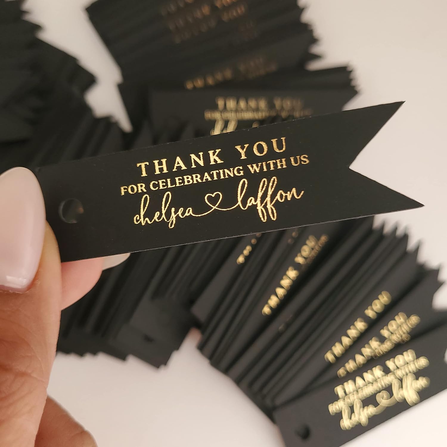 Black Thank You Tags with Gold Foil Personalized Gift Tags for Weddings | Custom, Birthday, Bridal Shower, Baptism, Metallic, Rose Gold, Silver, Heart, Flag Shaped, Pre-punched, 2 inch, 2.5", 3"