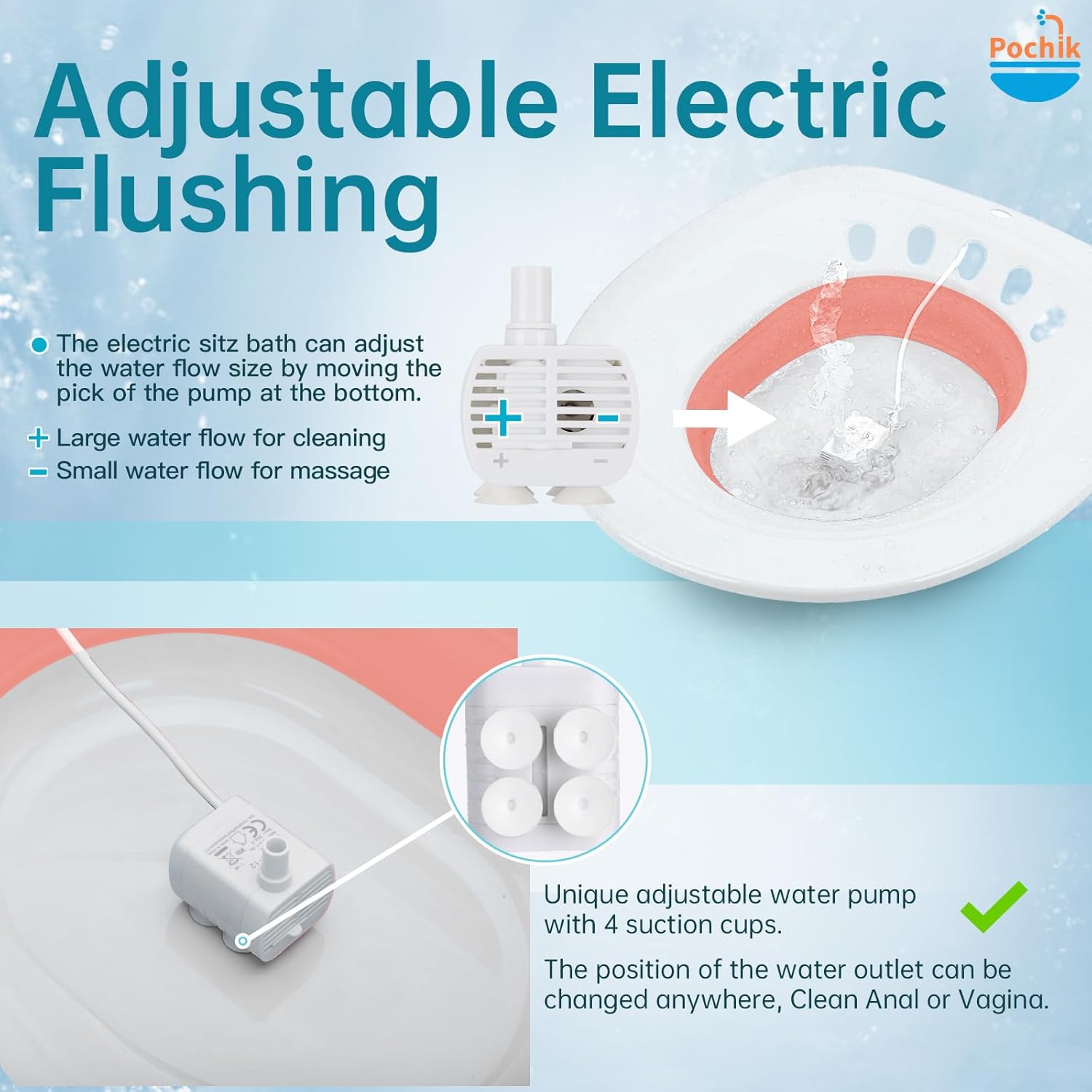 Pochik Electric Sitz Bath, Sitz Bath for Toilet Seat, Hemorrhoids and Postpartum Care Tub, Sits Bath Kit for Women, Automatic Flushing, Collapsible, Unisex