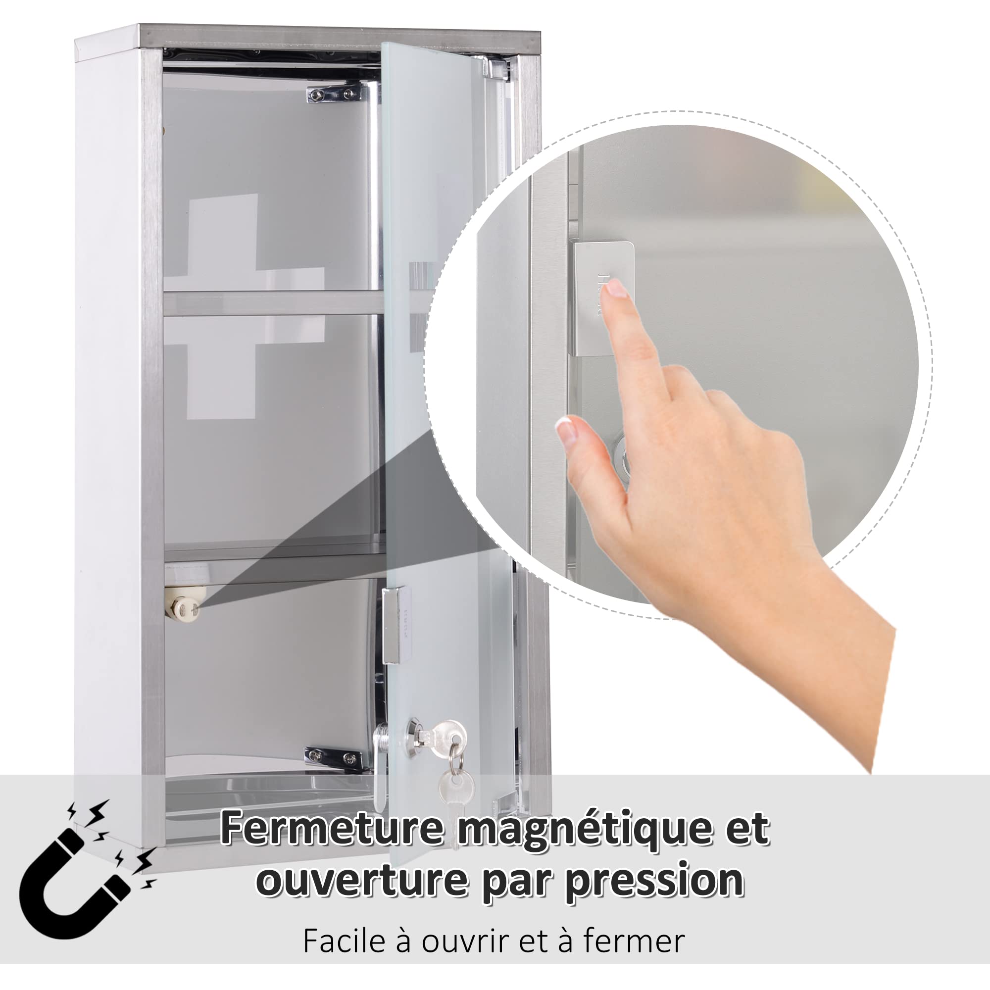 HOMCOM Armoire à Pharmacie 2 étagères 3 Niveaux verrouillable Porte Verre trempé dépoli Logo Croix 25L x 12l x 48H cm Acier INOX