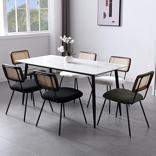 Miniatura 7 de Juego de 2 sillas de comedor de ratán, sillas tapizadas de cuero sintético verde con respaldo de ratán, tejidas con patas de metal para cena, sala