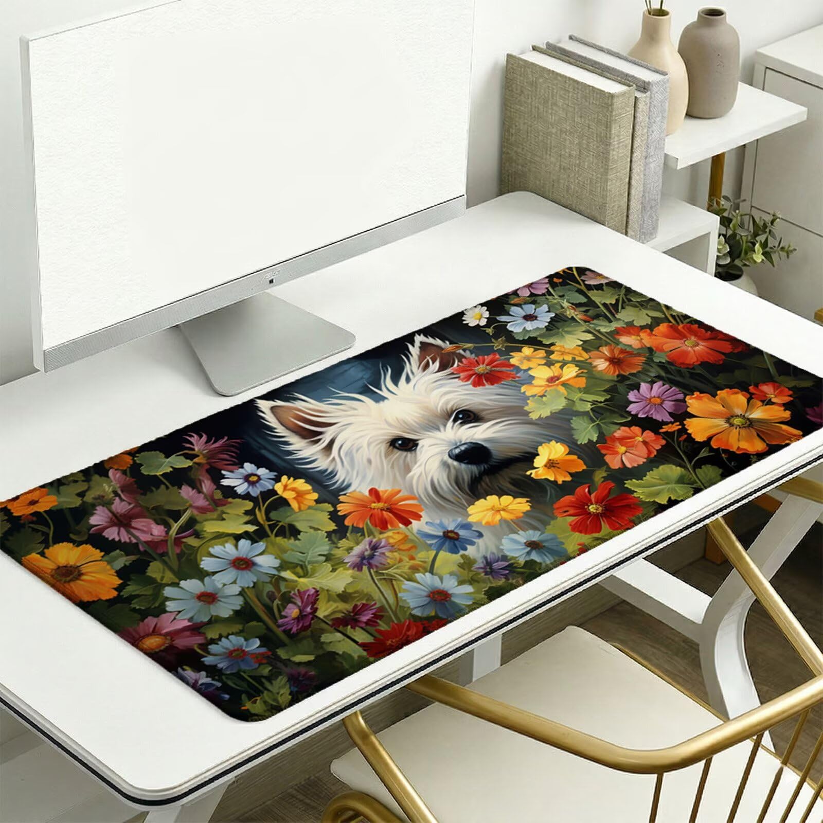 Alfombrilla Ratón XXL 1200 x 600 x 3 mm, Alfombrilla Escritorio, Flor Grande Protector de Mesa con Base de Goma Antideslizante y Bordes Cosidos, Impermeable, para Oficina, PC, Gaming (Perro) L-x3558
