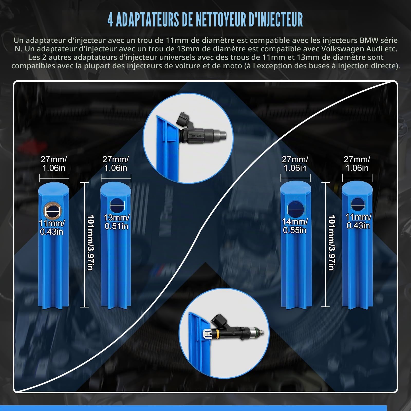 Testeur d'injecteur de carburant de voiture 12 V - 8 modes d'impulsion - Appareil de diagnostic d'injection de carburant avec 4 adaptateurs de tuyau