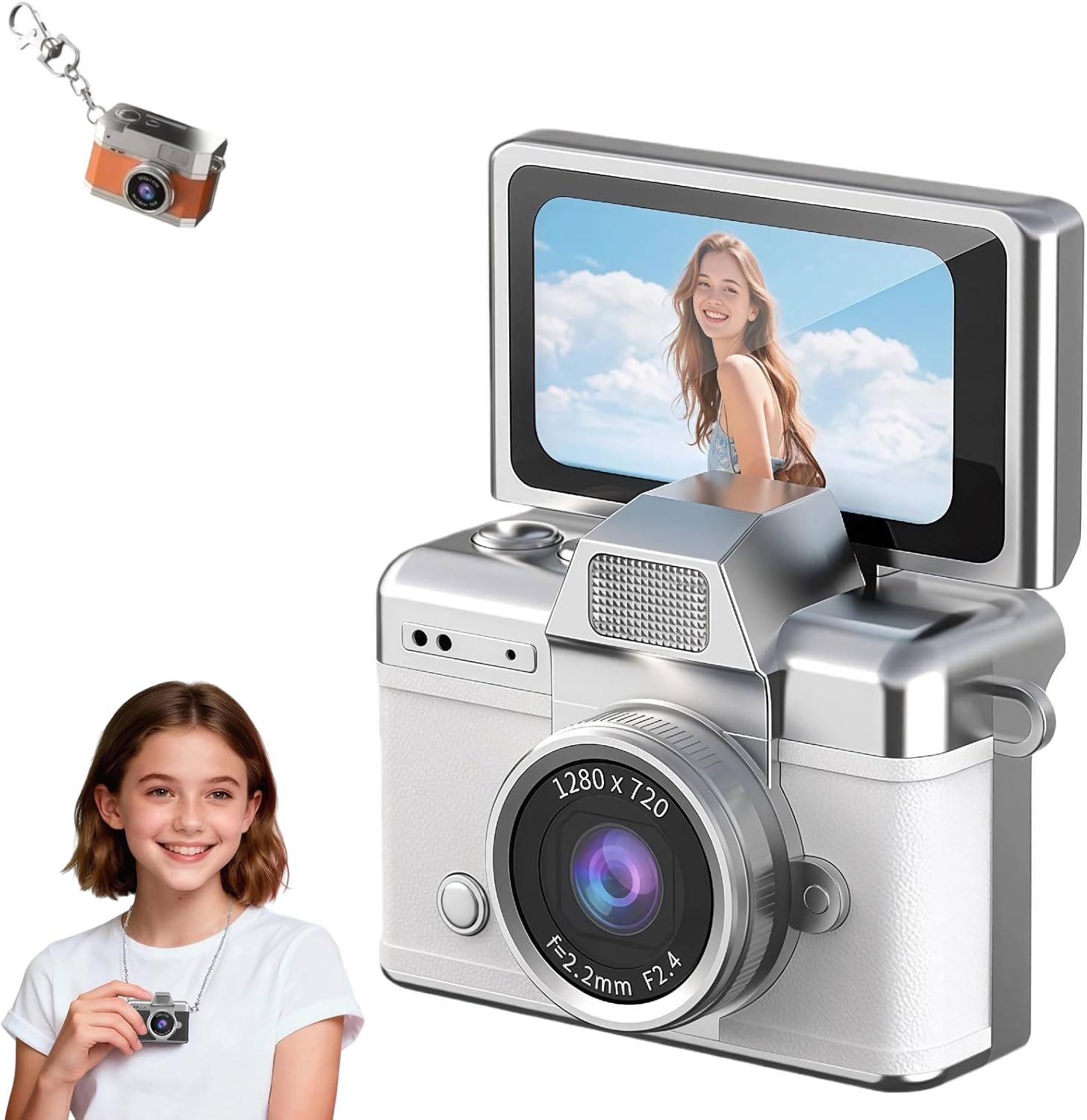 Mini Digital Camera Keychain Retro Mini Digital Video Camera Small 1080P FHD Recording with 0.96" IPS Screen with 6 Retro Filters AVI Format-Ideal for Phone Transfer (32GB, Orange)