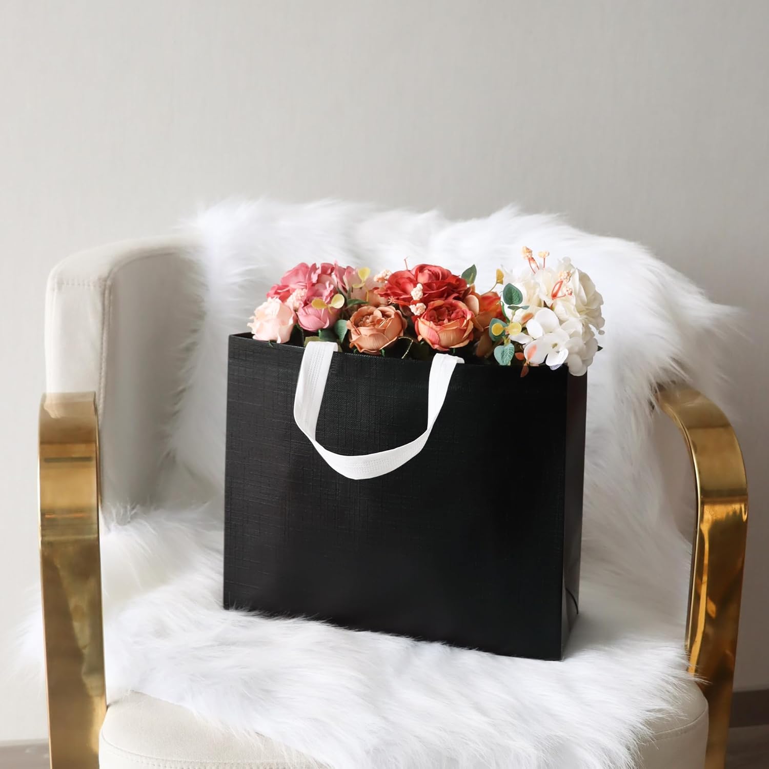 cabzymx 16 Pcs Glossy Black Reusable Gift Bags with Handles & Bases, Metallic Bling Design, Non-woven Holiday Gift Bags Bulk for Birthday, Wedding, Parties, Graduation- 12.6x4.7x11 In - Image 2