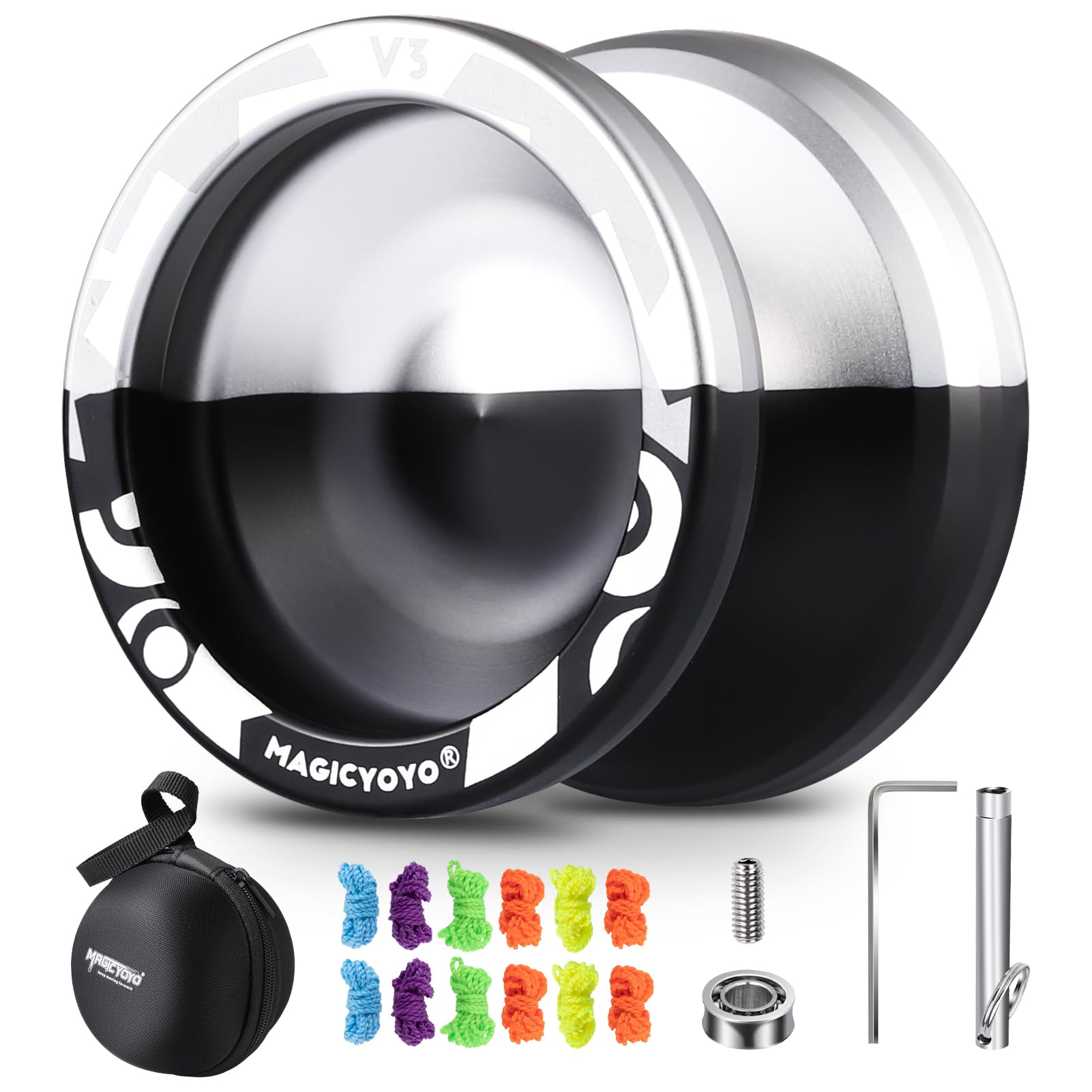 MAGICYOYO V3 Professional Responsive Yoyo, Metal Alloy Yoyo for Beginner Adults, Dual Purpose Yo yo with 12 Yo-yo Strings + KK Bearing + Bearing Removal Tool + Axle + Storage Bag (Black-and-Silver)