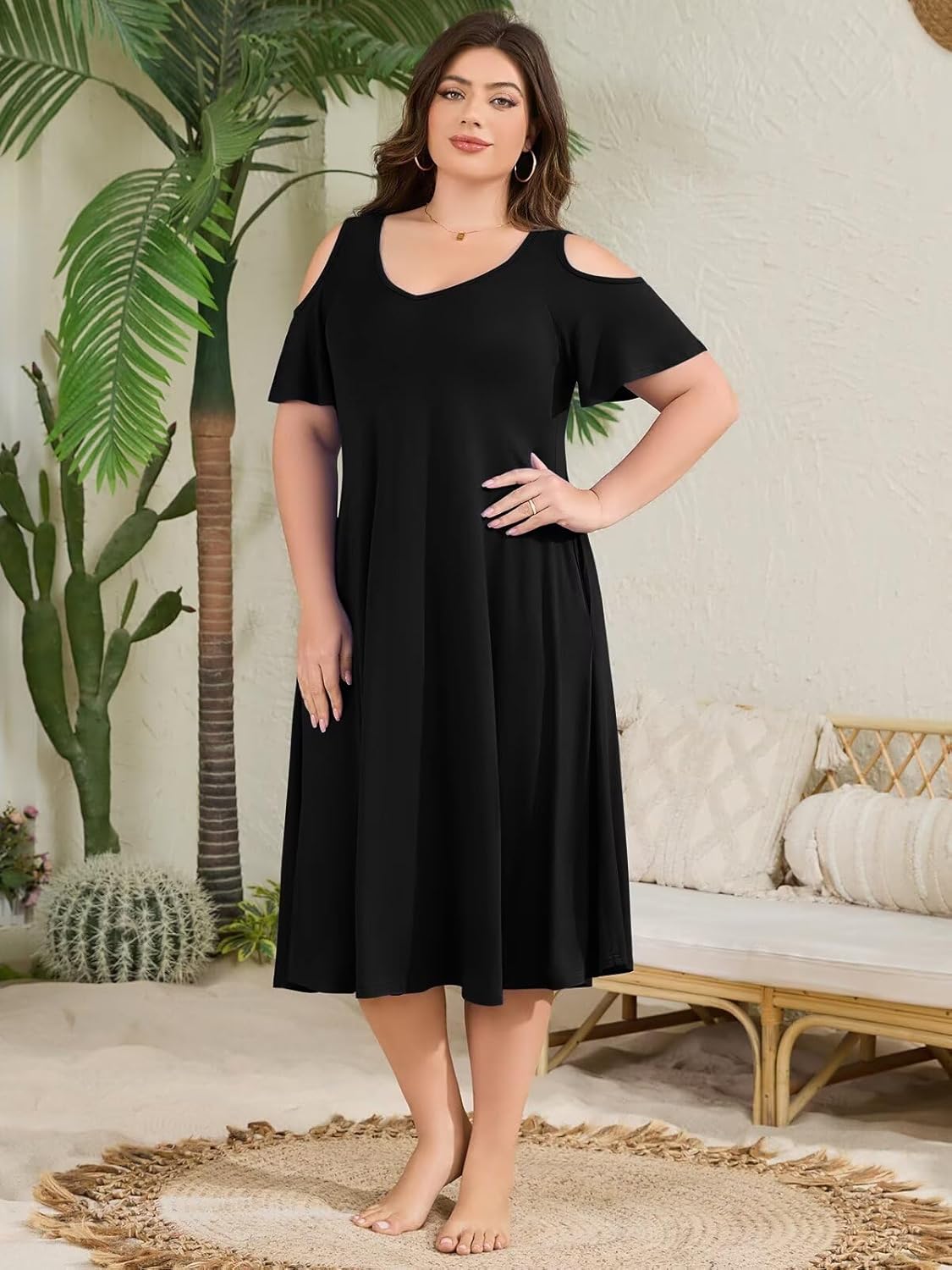 LARACE Plus Size Women Dress for Summer, Midi Women's Sundress, Casual V-Neck Short Sleeve Flowy T-Shirt Dresses with Pockets - Image 6