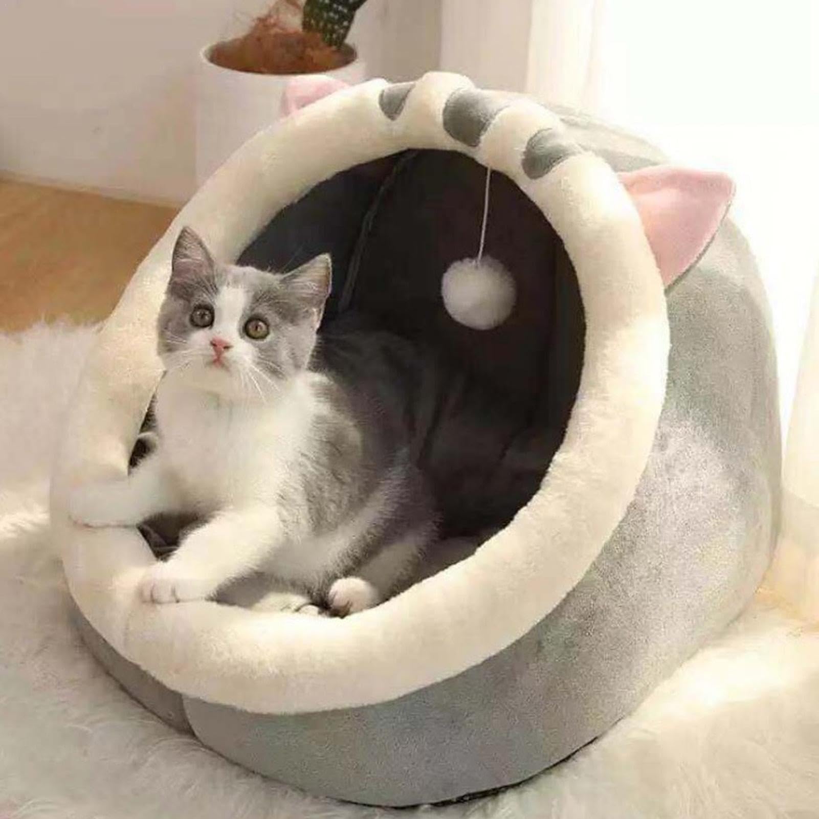 Cuccia per gatti, 2 pezzi, semi chiusa, graziosa cuccia decorativa per gatti con giocattolo sospeso, resistente alle intemperie, impermeabile, per esterni, comoda per animali | Morbida Extra Accogliente Rotondo Stile Grotta Peluche Morbido Caldo Confortev
