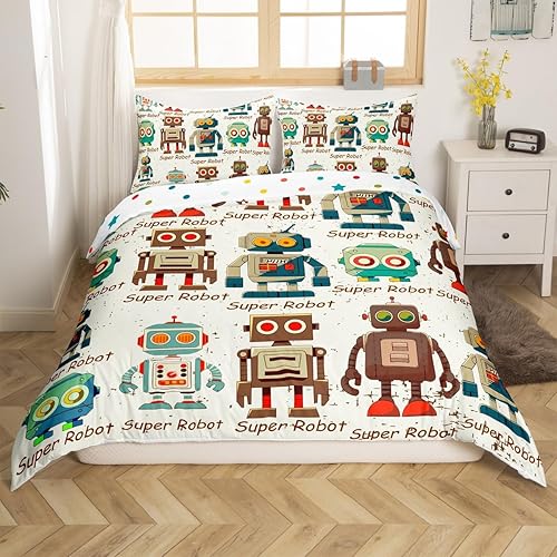 Miniatura 3 de Erosebridal Juego de ropa de cama de robot para niños y niñas, juego de funda de edredón de dibujos animados en acuarela moderno y colorido patrón