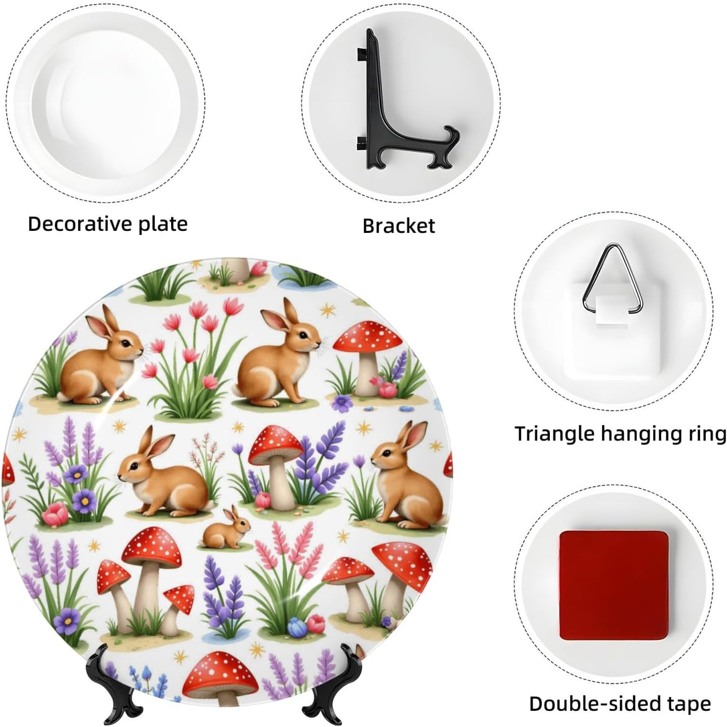 Easter Bunny Art Style Ceramic Plate Display Decorative Plate With Stand Wall Hanging Plate For Home Decor 10 Inch