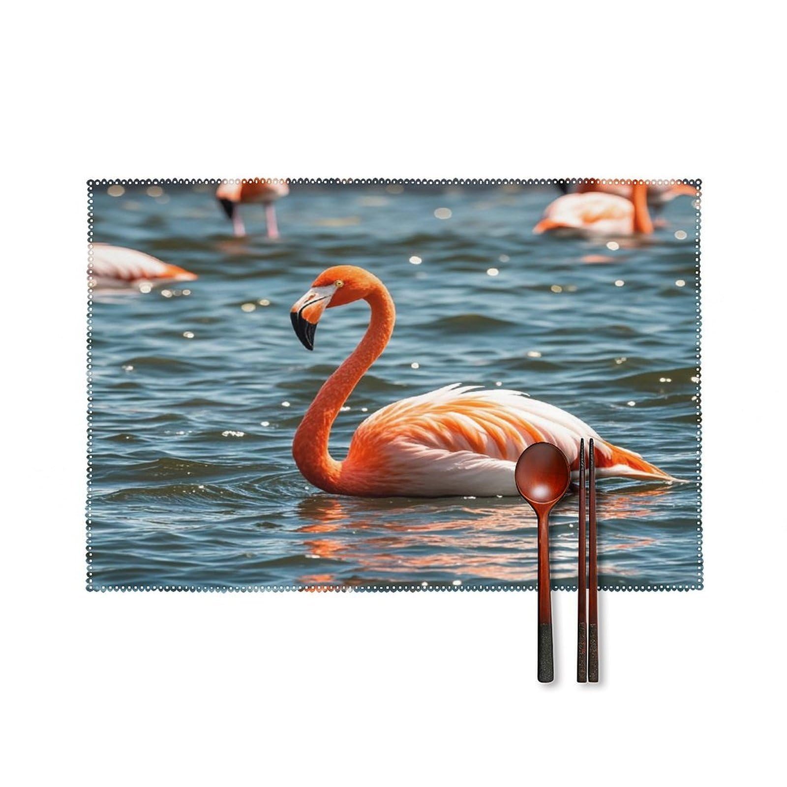 Flamingo Placemats Set of 6 Washable Farmhouse Dining Table Mat Non Slip Heat Resistant Non-Slip Place Mats Easy Clean Table Protective Placemats for Indoors & Outdoors